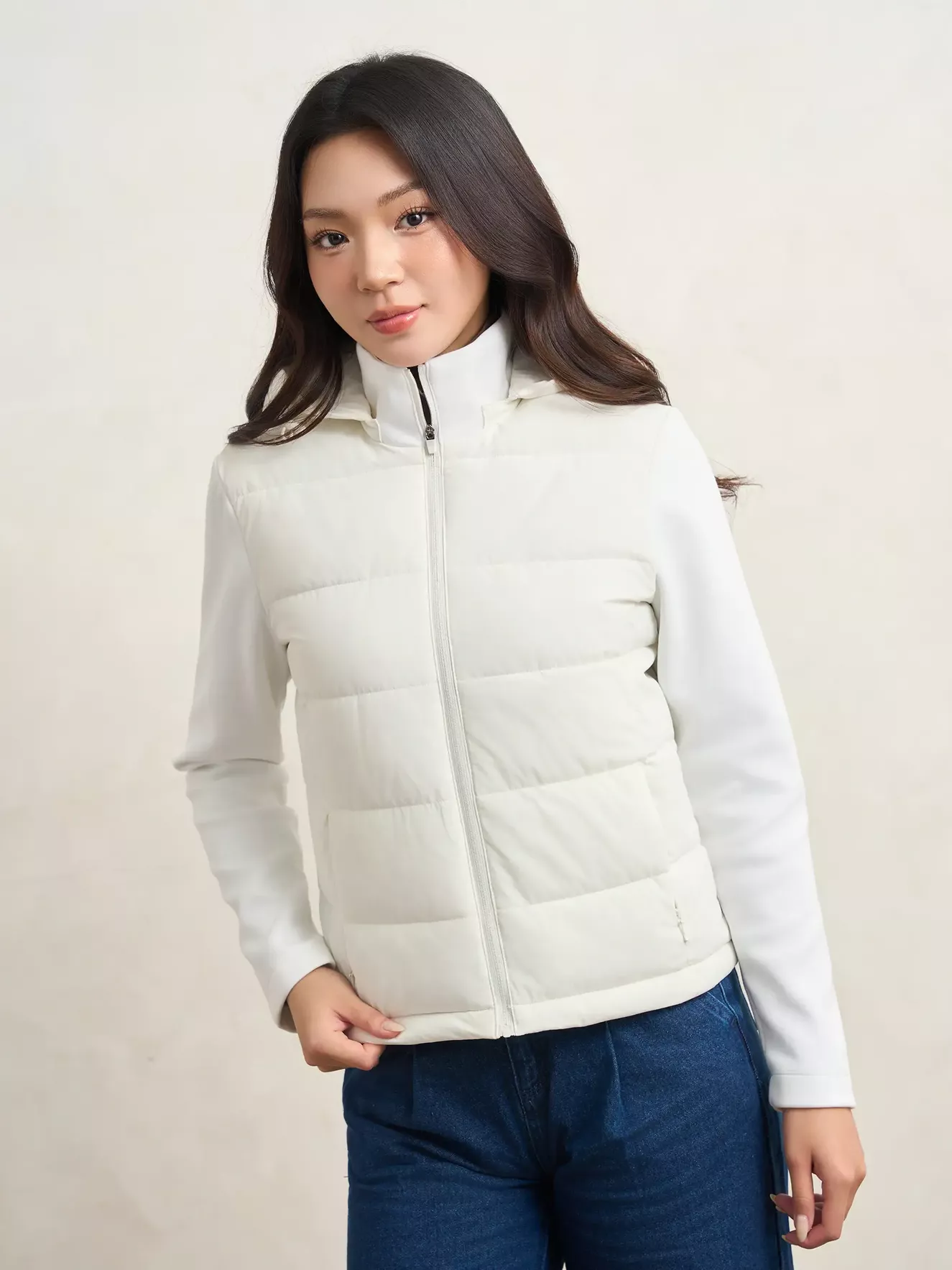 Áo Phao Nữ Mũ Rời Tay Phối Nỉ 5S Fashion Phom Slimfit W0APH25003