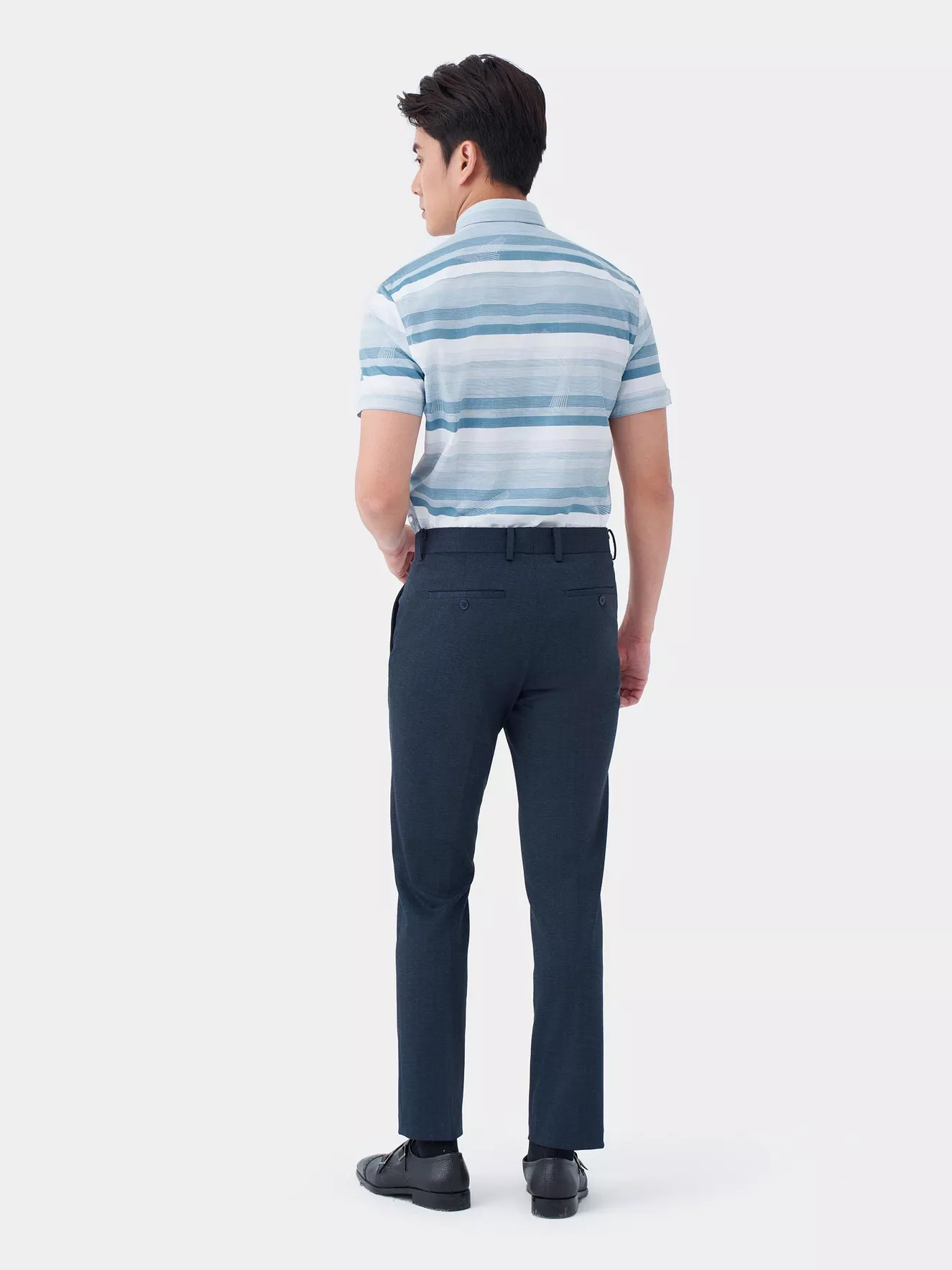 Áo Sơ Mi Nam Ngắn Tay 5S Fashion Xanh Cổ Vịt Kẻ ASC24069