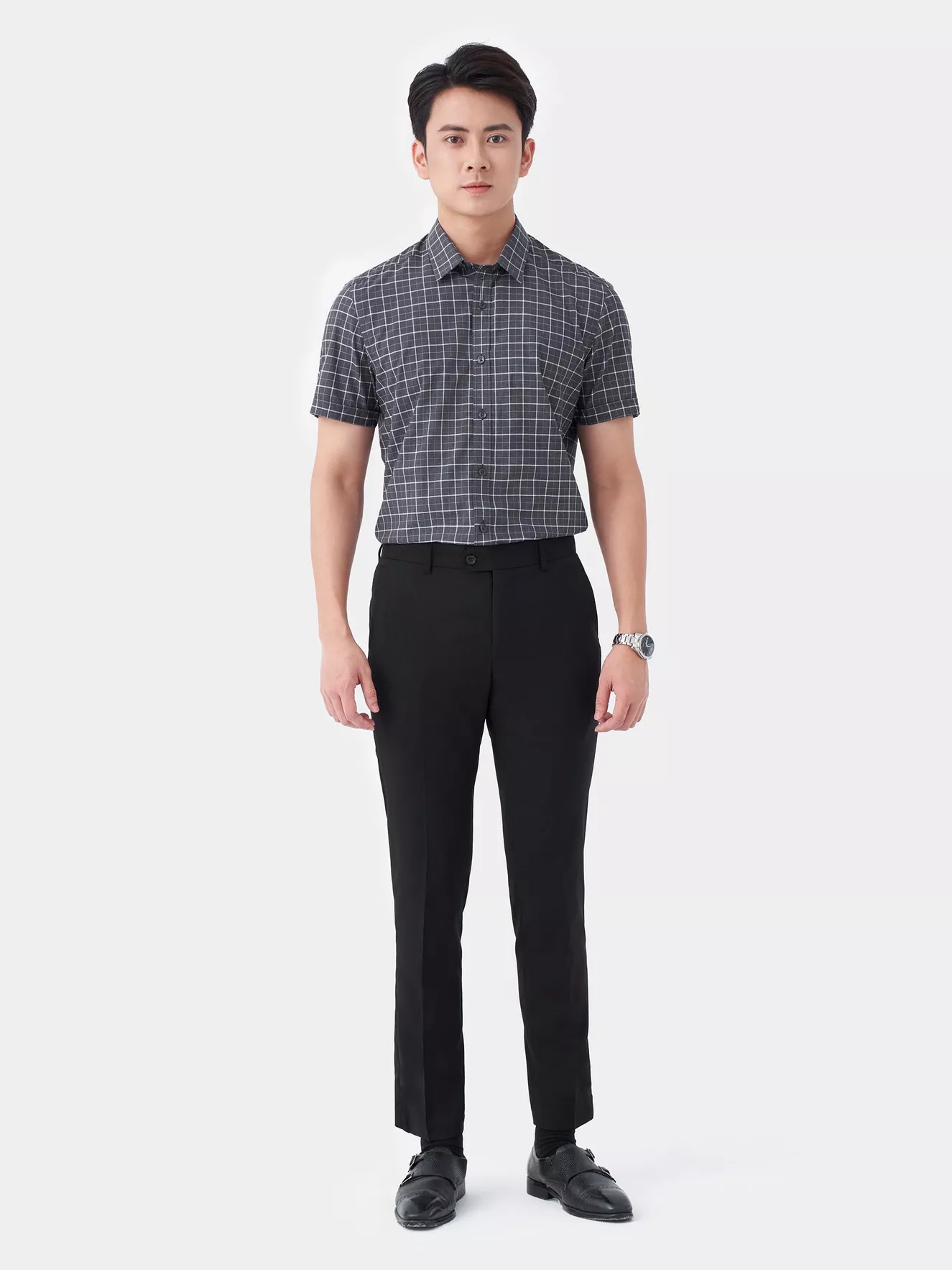 Áo Sơ Mi Ngắn Tay Nam 5S Fashion Ghi Kẻ Trắng ASC24066