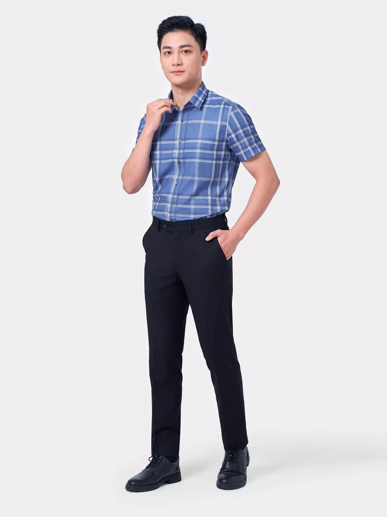 Áo Sơ Mi Nam Ngắn Tay 5S Fashion Màu Xanh Đá Đậm Kẻ ASC24039