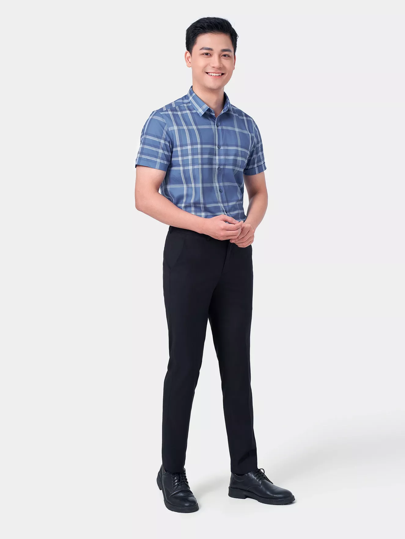 Áo Sơ Mi Nam Ngắn Tay 5S Fashion Màu Xanh Đá Đậm Kẻ ASC24039