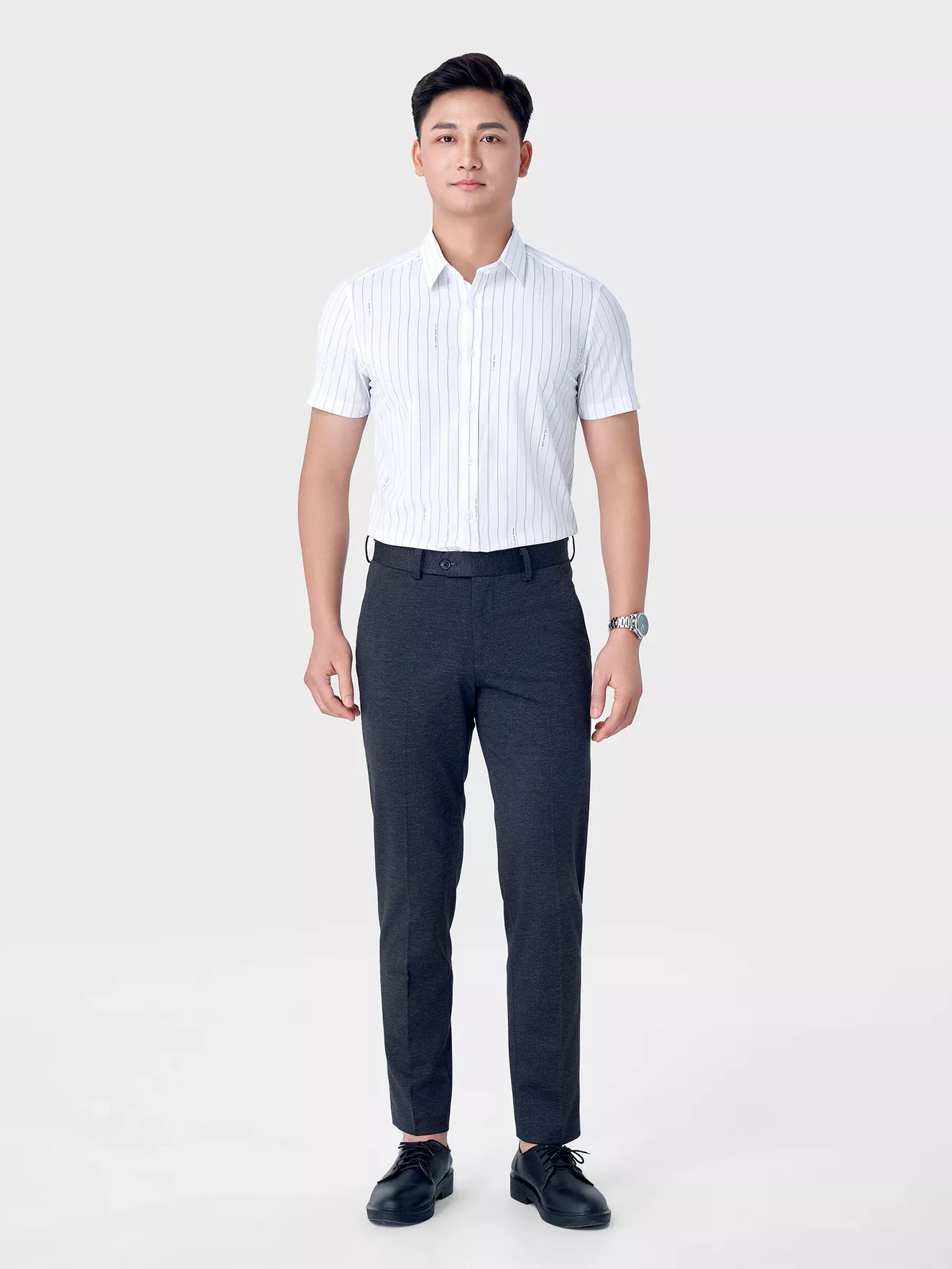 Áo Sơ Mi Nam Ngắn Tay 5S Fashion Trắng Kẻ Dọc ASC24020