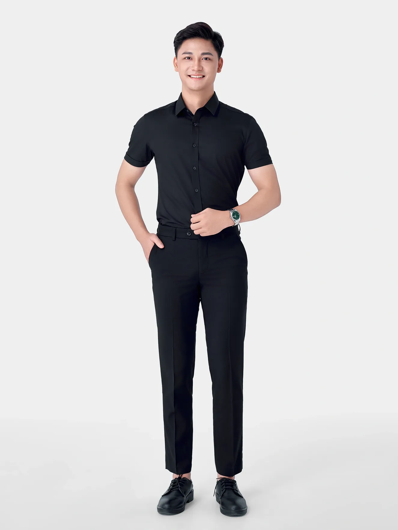 Áo Sơ Mi Nam Ngắn Tay 5S Fashion Màu Đen ASC24006