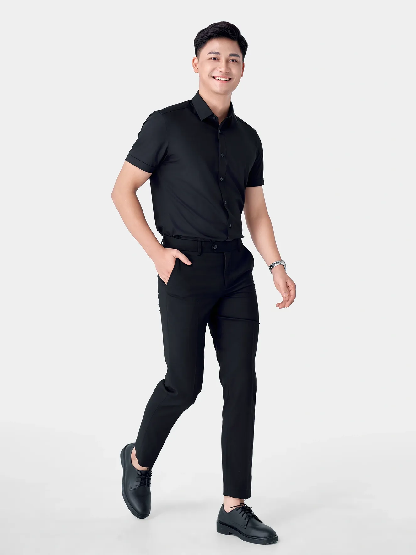 Áo Sơ Mi Nam Ngắn Tay 5S Fashion Màu Đen ASC24006