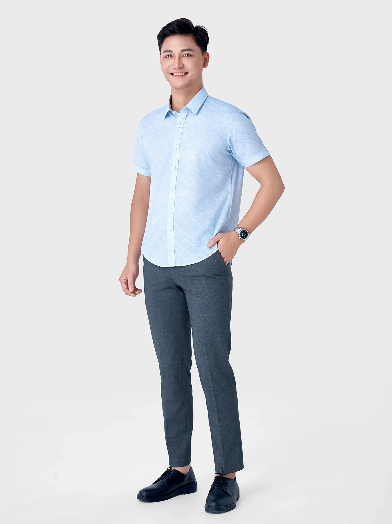 Áo Sơ Mi Nam Ngắn Tay 5S Fashion Xanh Da Trời ASC24011 