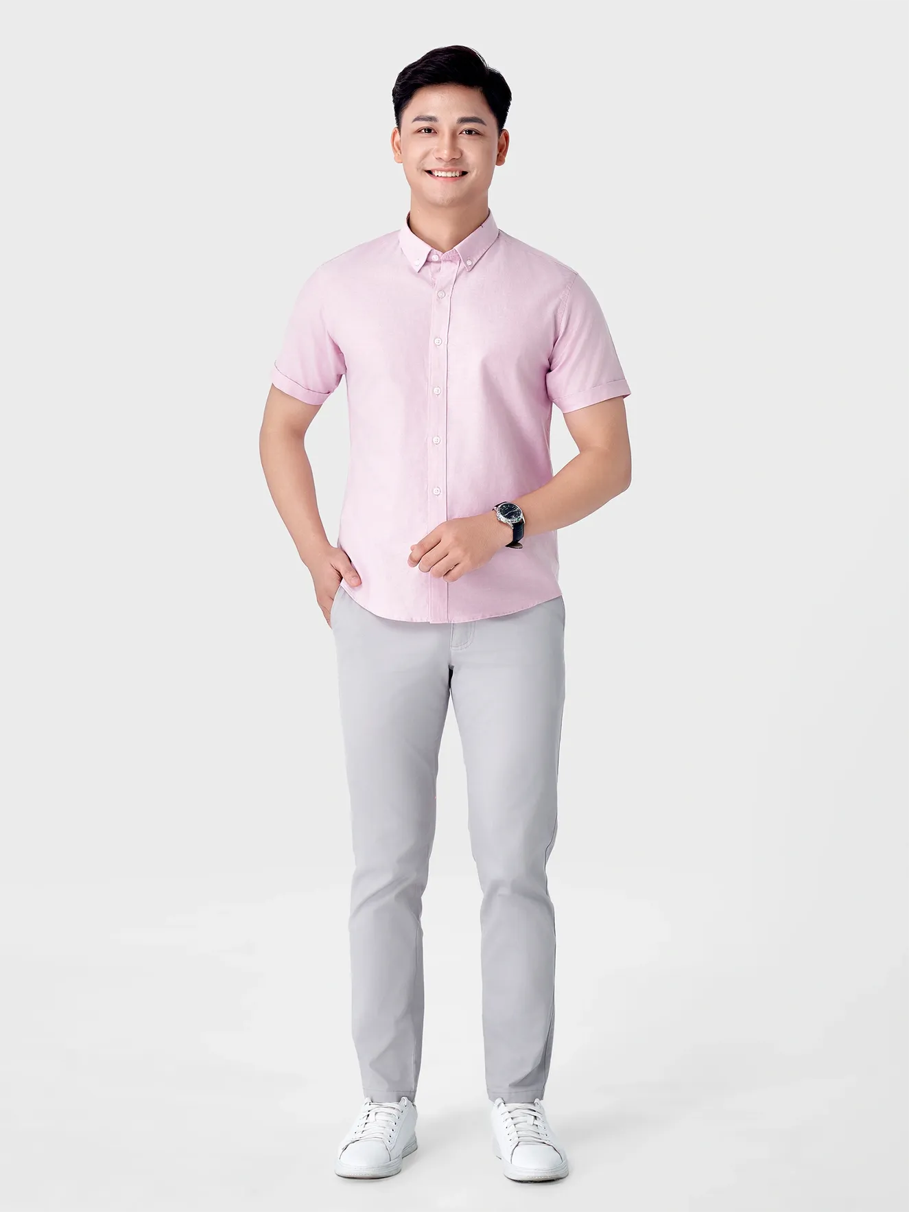 Áo Sơ Mi Nam Ngắn Tay 5S Fashion Màu Hồng Casual ASC24009