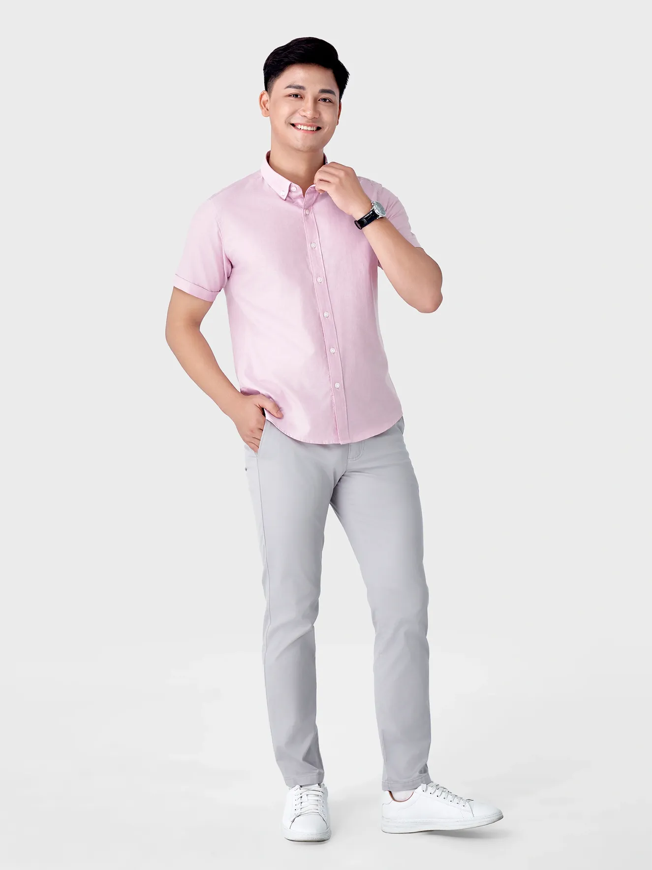 Áo Sơ Mi Nam Ngắn Tay 5S Fashion Màu Hồng Casual ASC24009