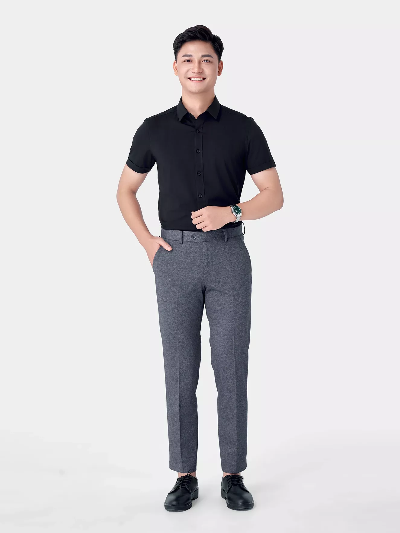 Áo Sơ Mi Nam Ngắn Tay 5S Fashion Màu Đen ASC24045