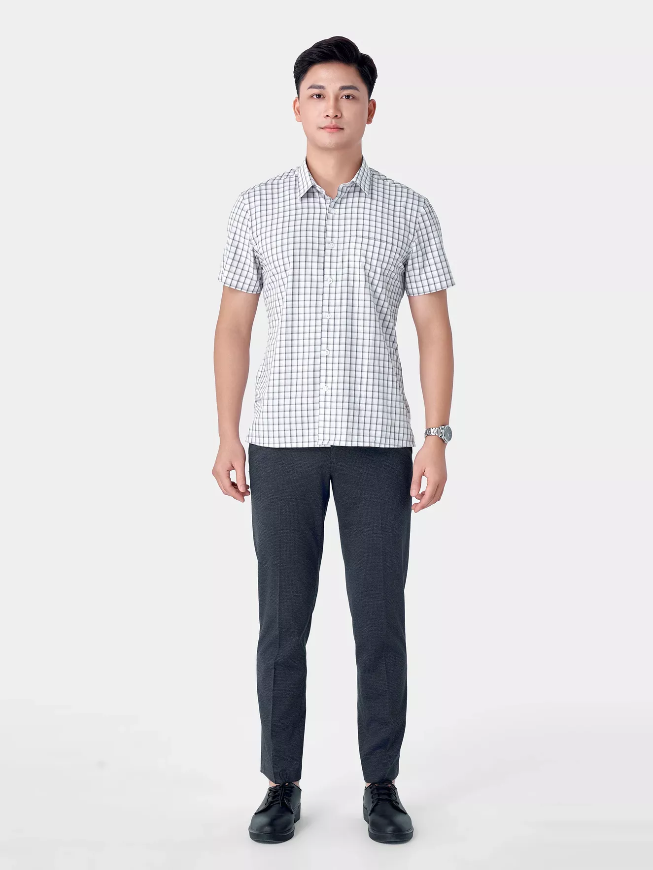 Áo Sơ Mi Nam Ngắn Tay 5S Fashion Trắng Kẻ Ô Có Túi ASC24041