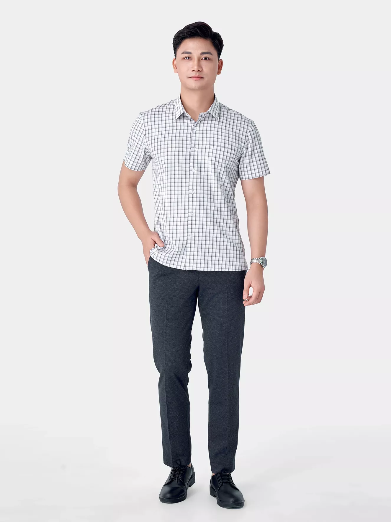 Áo Sơ Mi Nam Ngắn Tay 5S Fashion Trắng Kẻ Ô Có Túi ASC24041