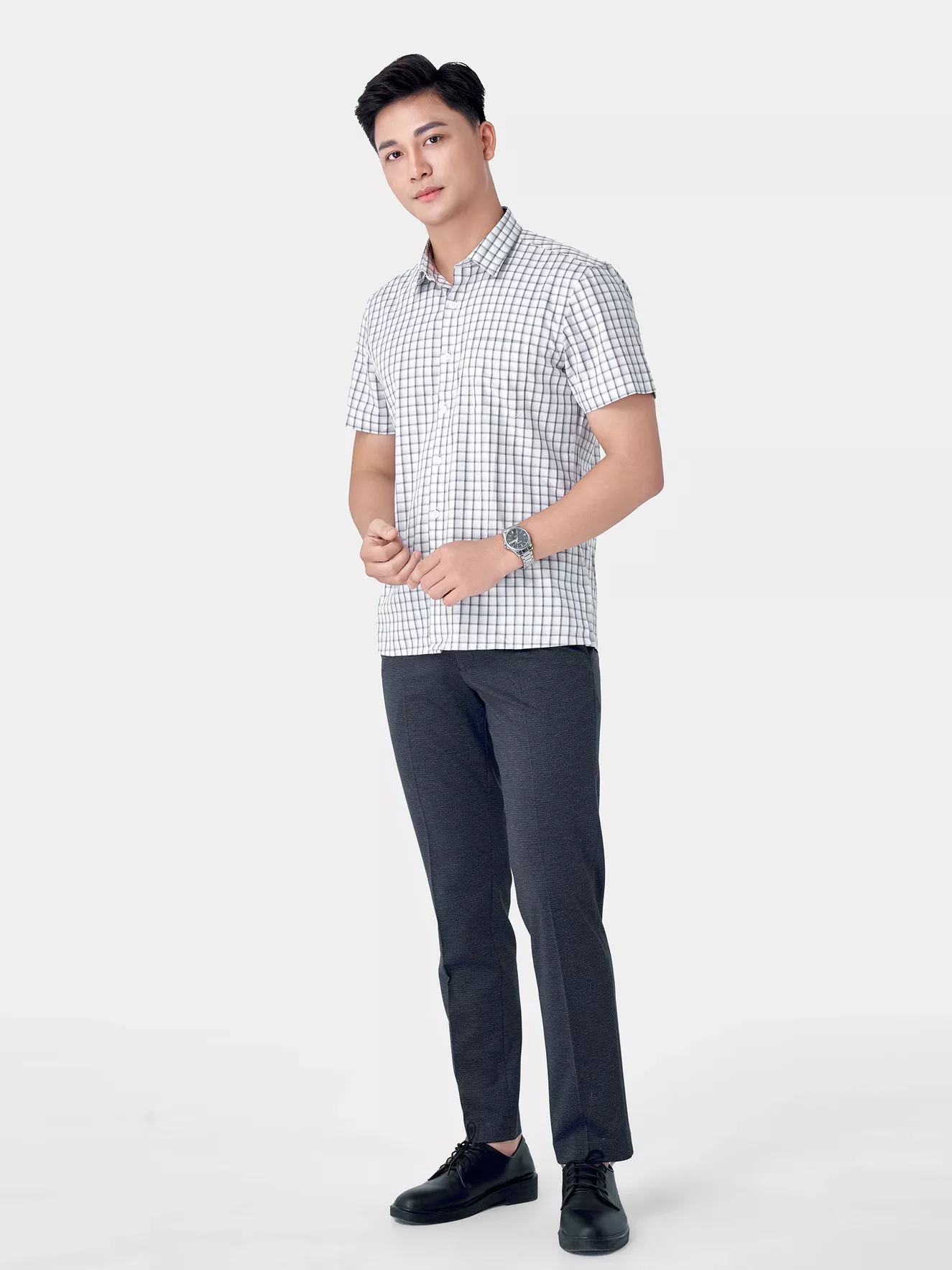 Áo Sơ Mi Nam Ngắn Tay 5S Fashion Trắng Kẻ Ô Có Túi ASC24041