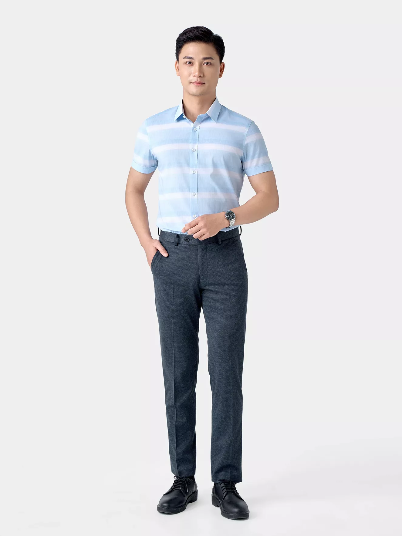 Áo Sơ Mi Nam Ngắn Tay 5S Fashion Dệt Hiệu Ứng Slimfit ASC24026