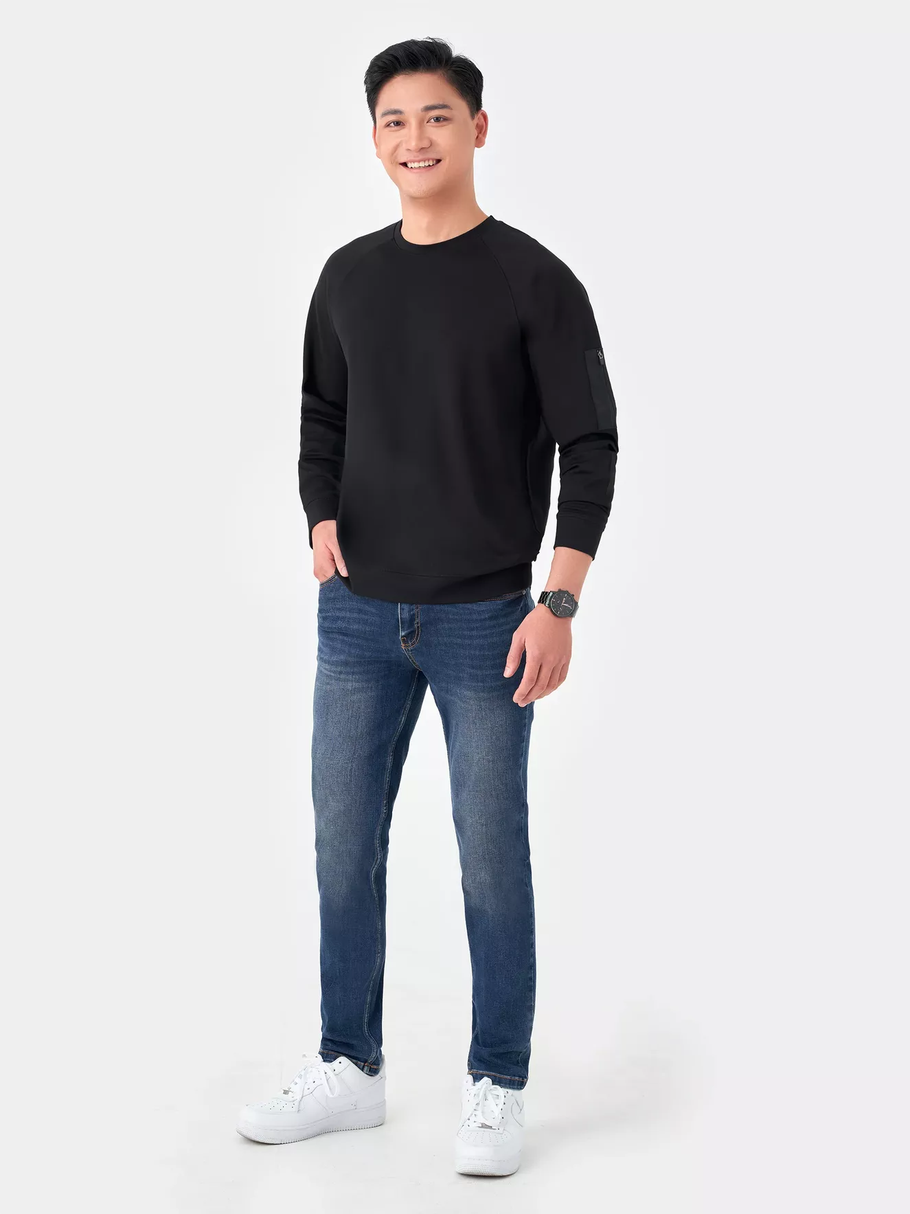Áo Nỉ Cổ Tròn Tay Raglan Phối Túi Khóa 5S Fashion Regularfit ANO23002