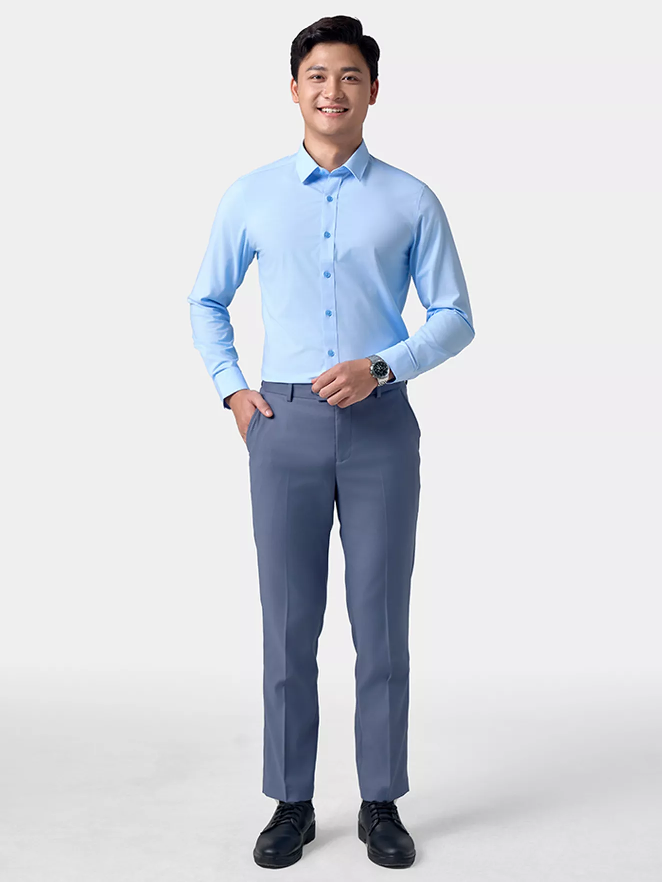 Áo Sơ Mi Nam Dài Tay 5S Fashion Xanh Aqua Slimfit ASM24211
