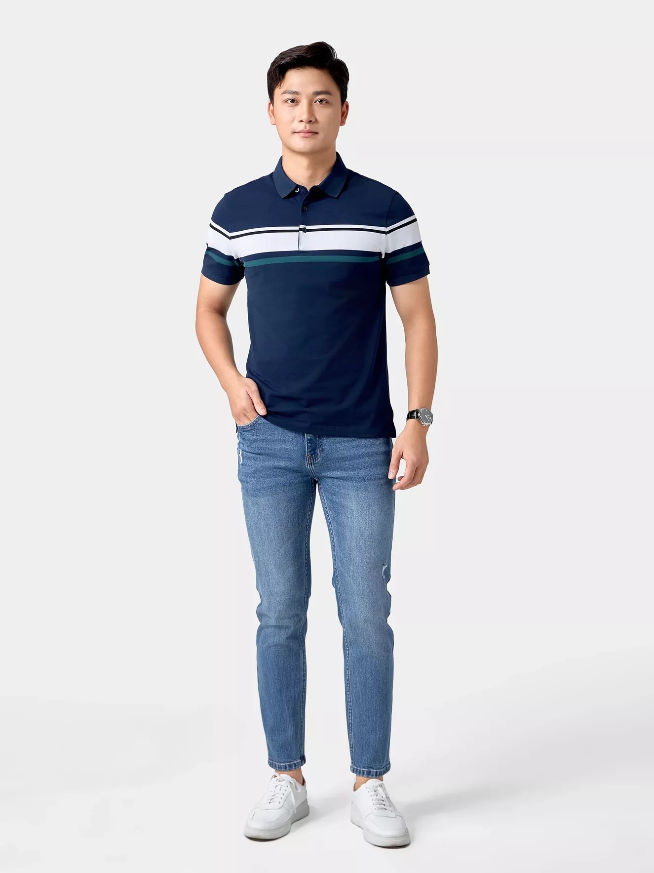 Áo Polo Nam 5S Fashion Can Phối Kẻ Ngang Phom Slimfit APC24054