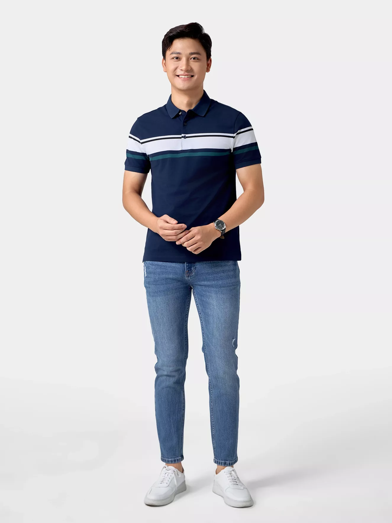 Áo Polo Nam 5S Fashion Can Phối Kẻ Ngang Phom Slimfit APC24054