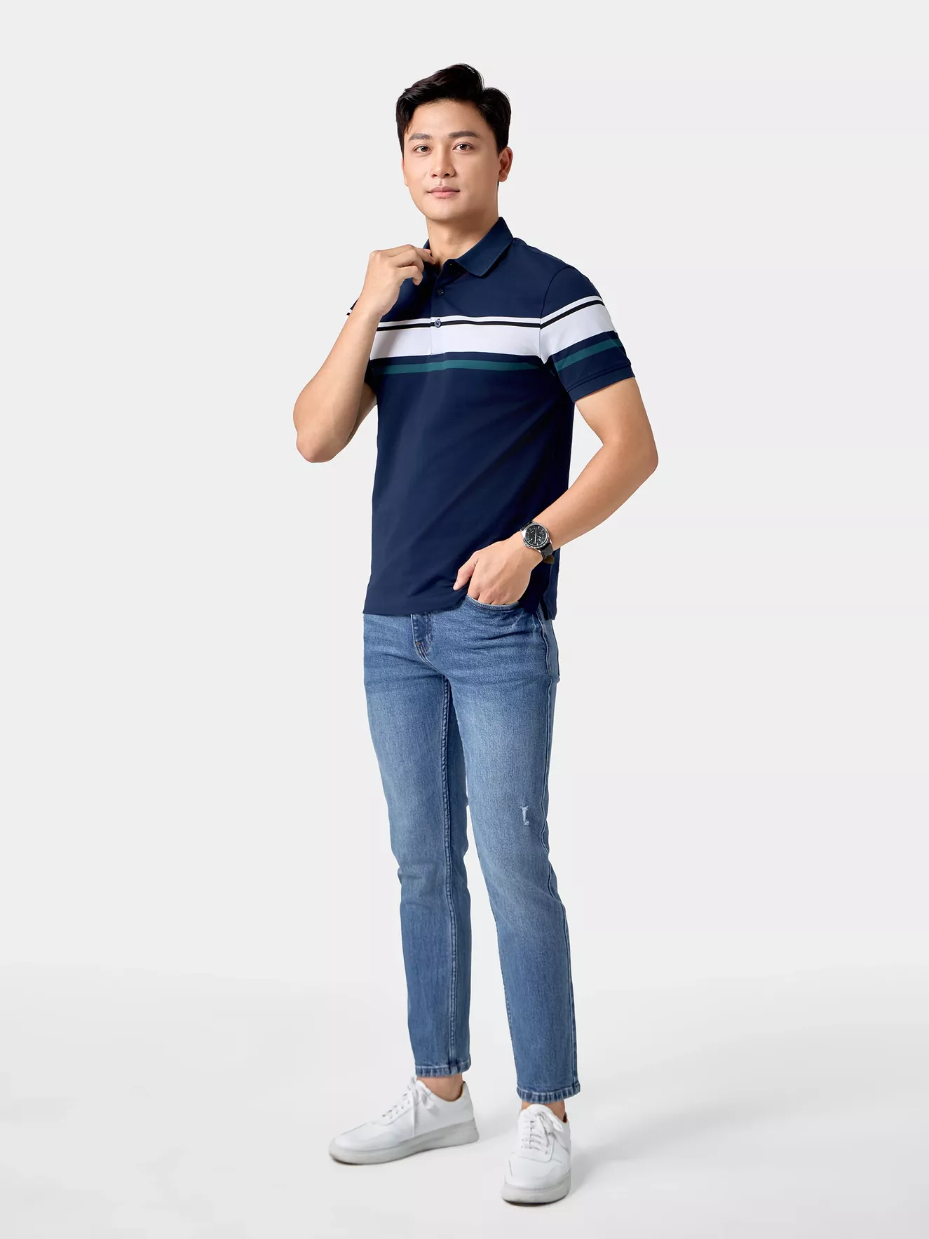Áo Polo Nam 5S Fashion Can Phối Kẻ Ngang Phom Slimfit APC24054
