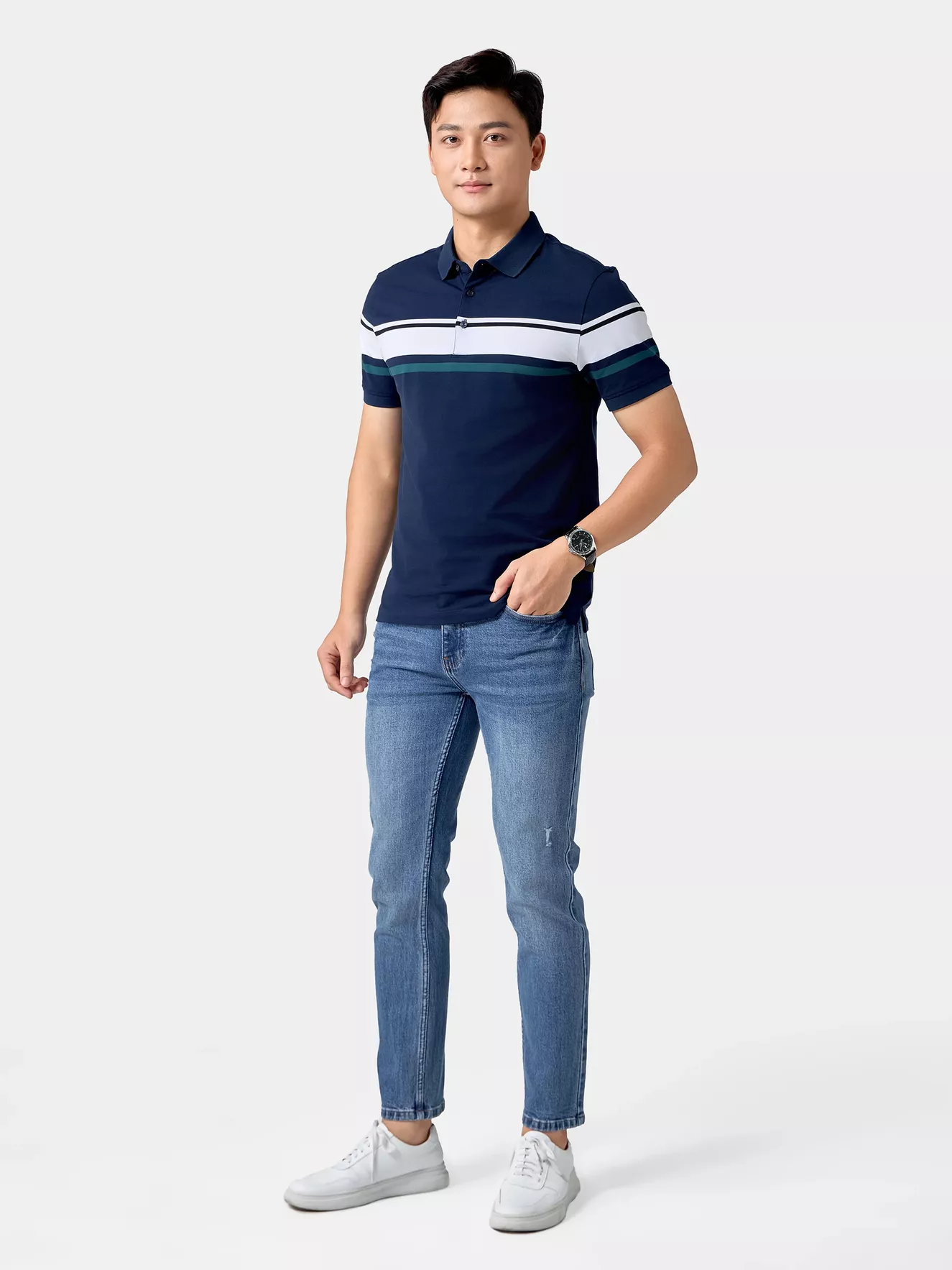 Áo Polo Nam 5S Fashion Can Phối Kẻ Ngang Phom Slimfit APC24054