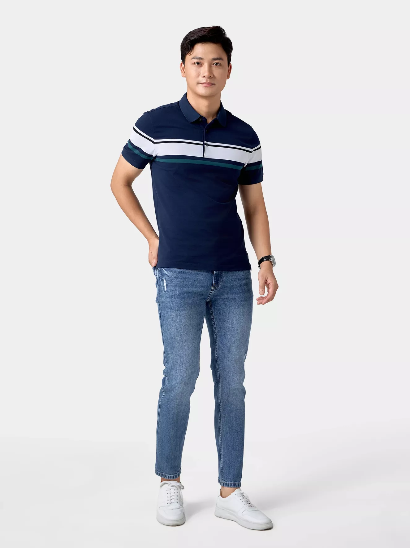 Áo Polo Nam 5S Fashion Can Phối Kẻ Ngang Phom Slimfit APC24054