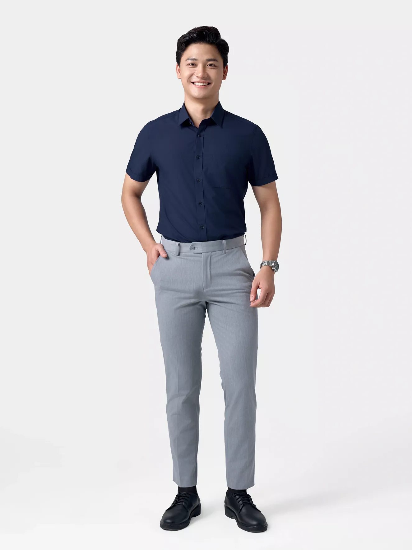 Áo Sơ Mi Nam Ngắn Tay 5S Fashion Màu Tím Than Trơn Slimfit ASC24007