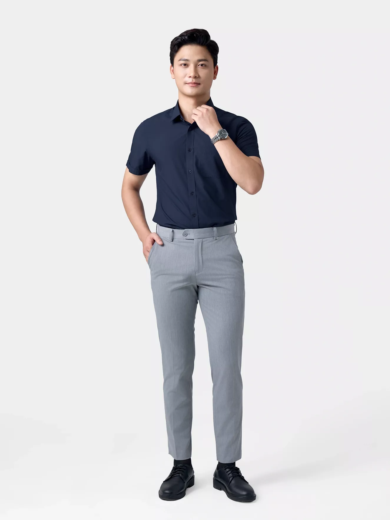 Áo Sơ Mi Nam Ngắn Tay 5S Fashion Màu Tím Than Trơn Slimfit ASC24007