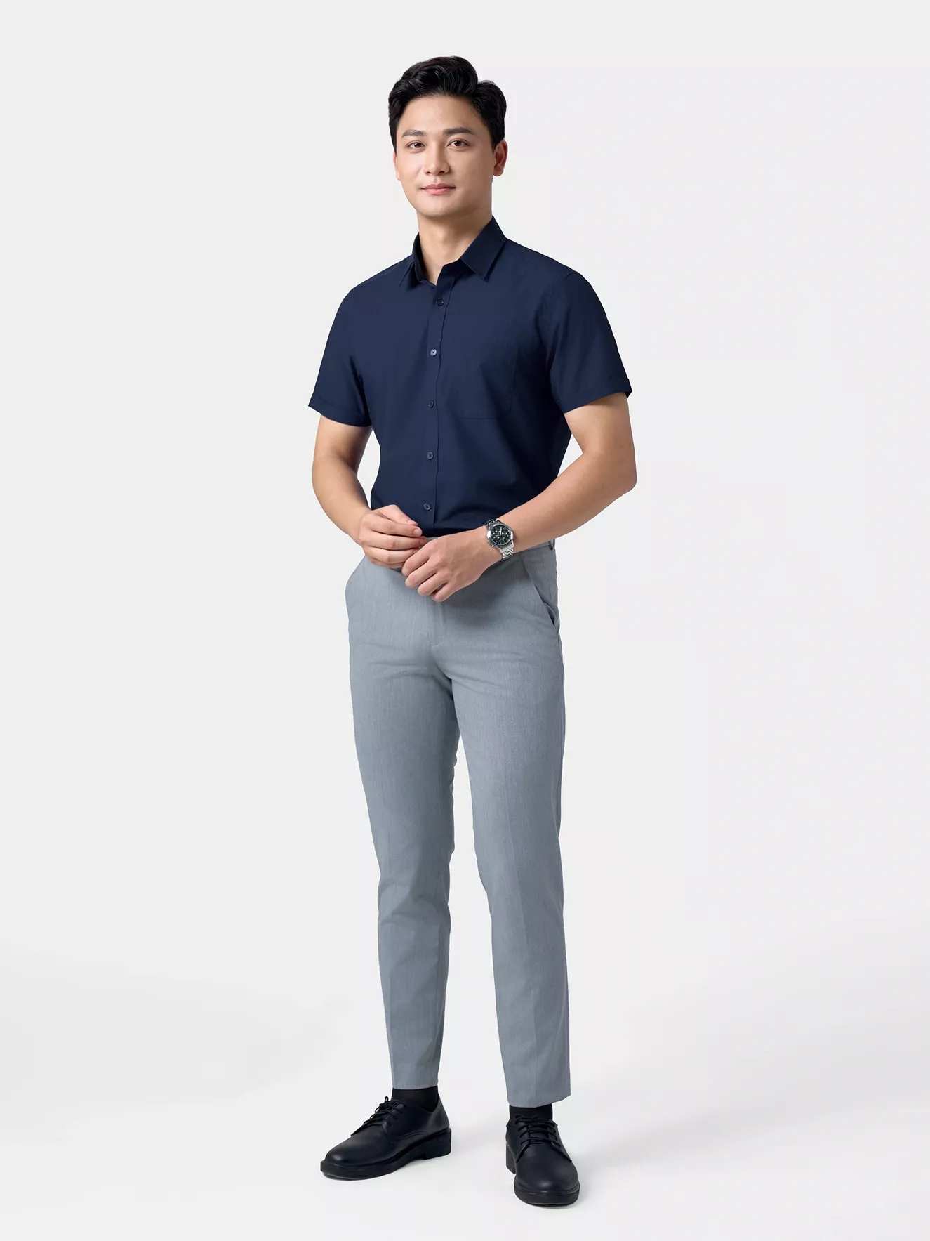 Áo Sơ Mi Nam Ngắn Tay 5S Fashion Màu Tím Than Trơn Slimfit ASC24007