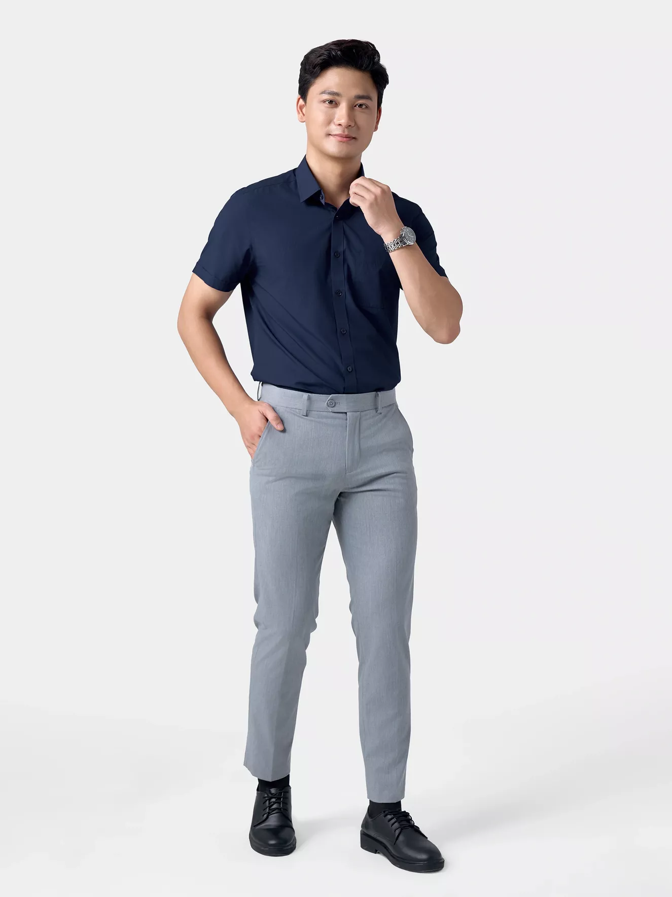 Áo Sơ Mi Nam Ngắn Tay 5S Fashion Màu Tím Than Trơn Slimfit ASC24007