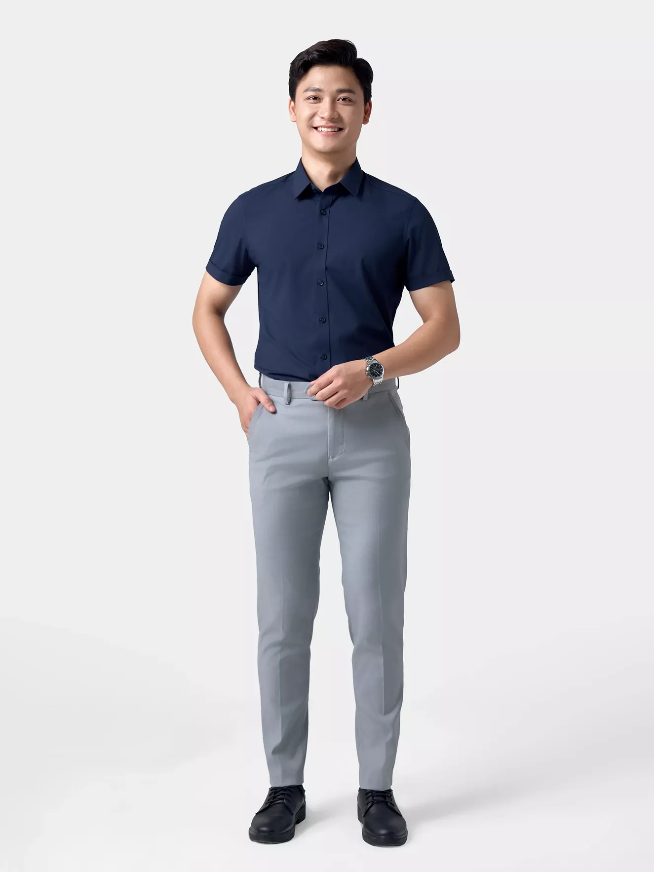 Áo Sơ Mi Nam Ngắn Tay 5S Fashion Màu Tím Than Trơn Slimfit ASC24007