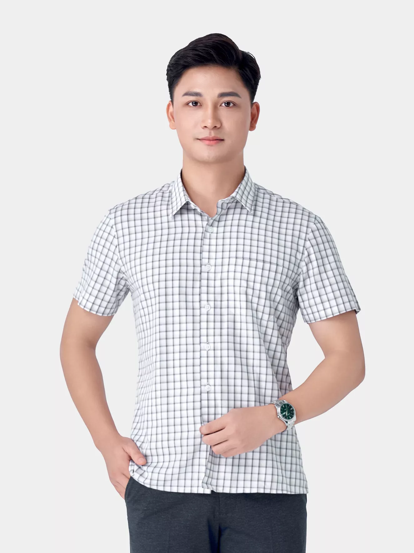 Áo Sơ Mi Nam Ngắn Tay 5S Fashion Trắng Kẻ Ô Có Túi ASC24041