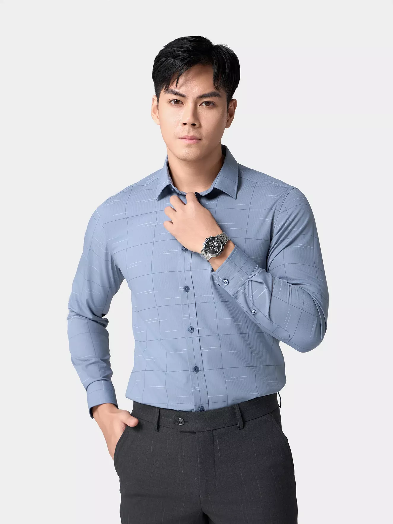 Áo Sơ Mi Nam Dài Tay Kẻ Ô 5S Fashion Slimfit ASM24012