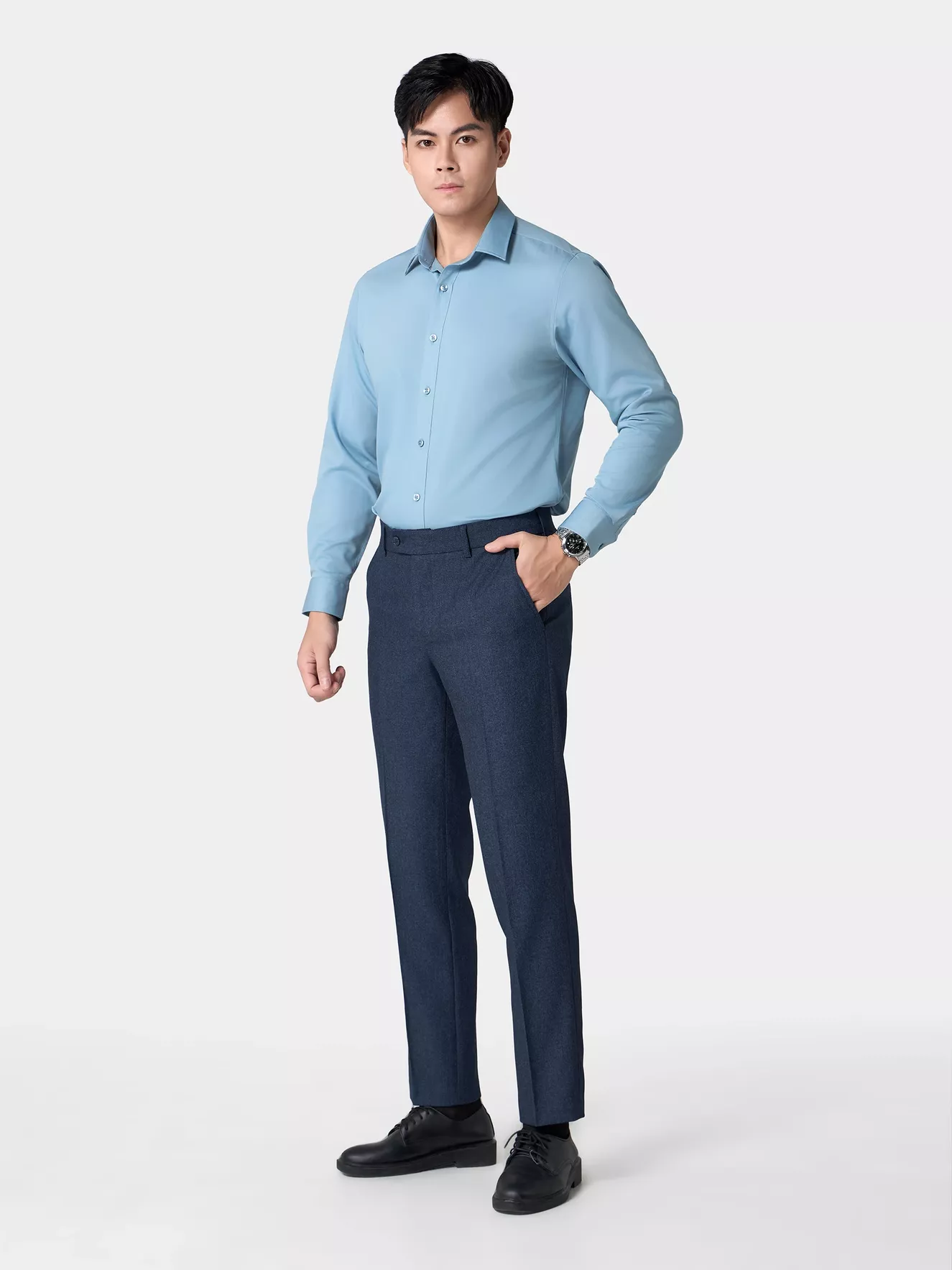 Áo Sơ Mi Nam Màu Xanh Trơn 5S Fashion Phom Regular ASM24028