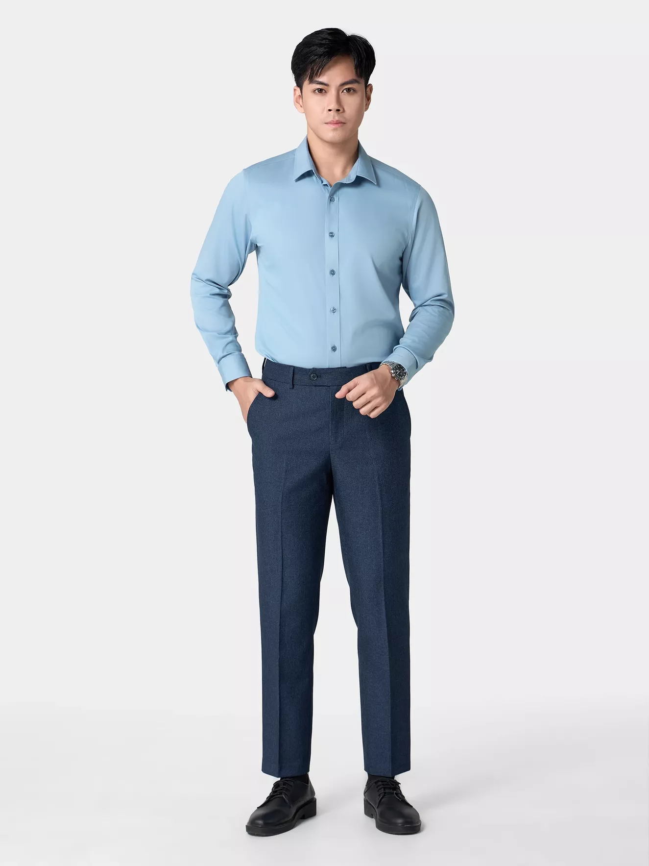 Áo Sơ Mi Nam Màu Xanh Trơn 5S Fashion Phom Regular ASM24028