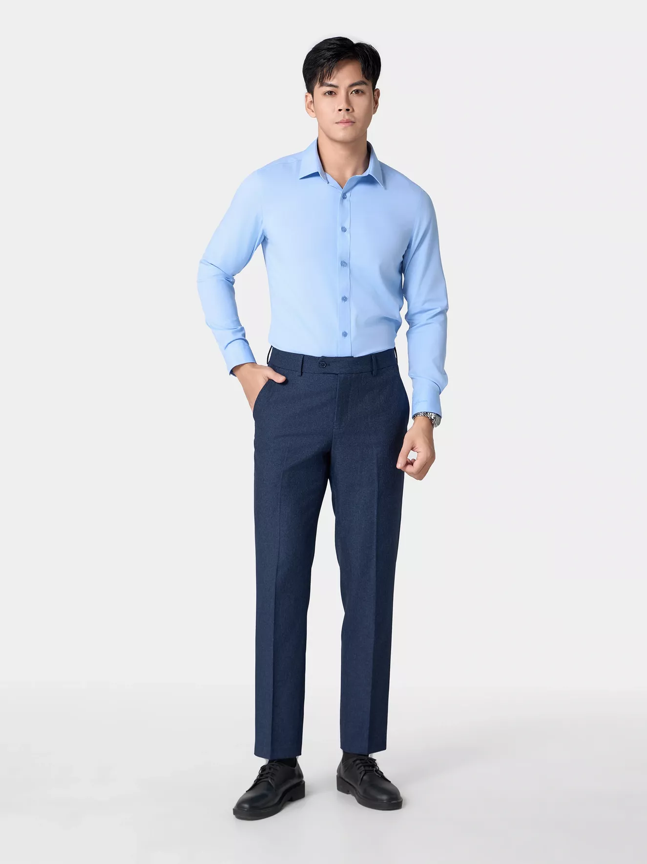 Áo Sơ Mi Nam Dài Tay Xanh 5S Fashion Phom Slimfit ASM24027