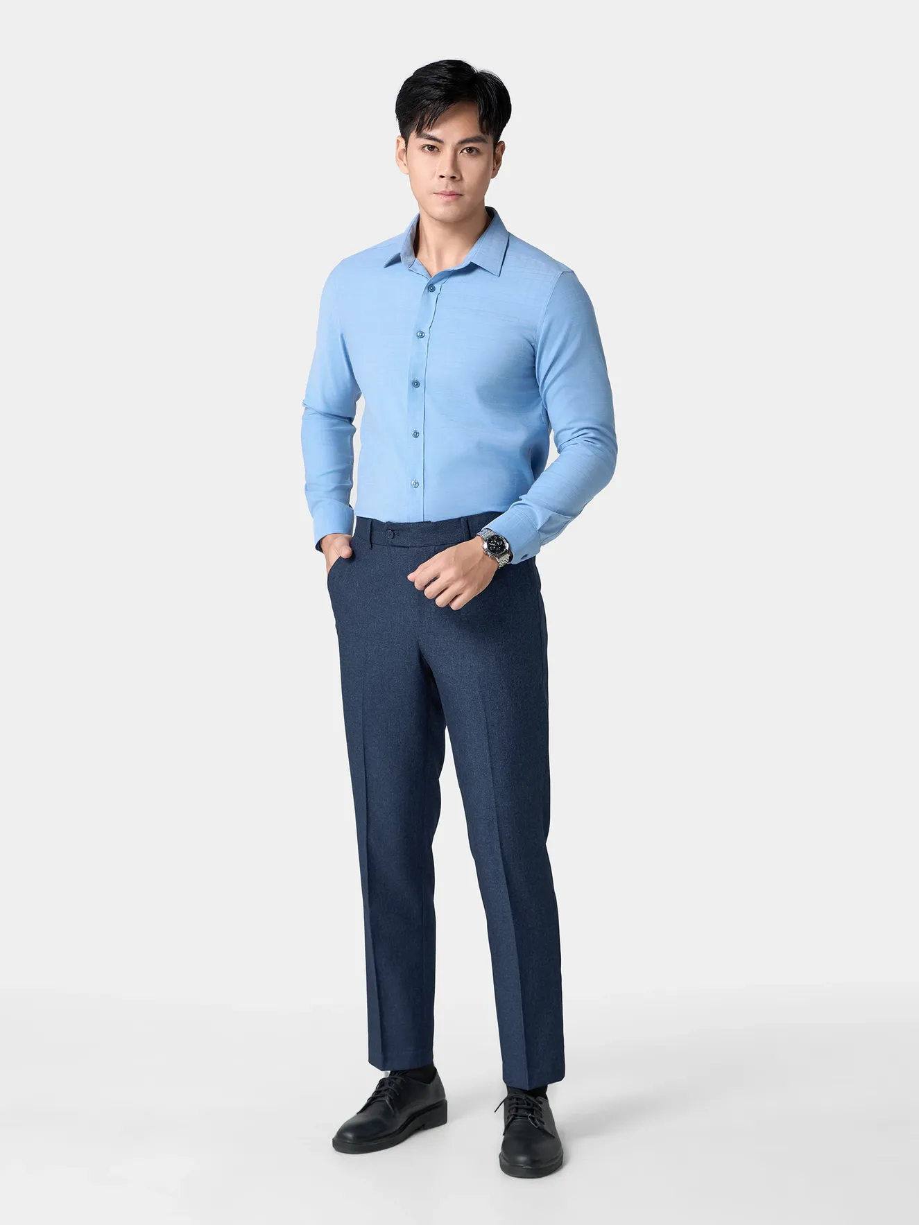 Áo Sơ Mi Nam Dài Tay Màu Xanh 5S Fashion Slimfit ASM24035