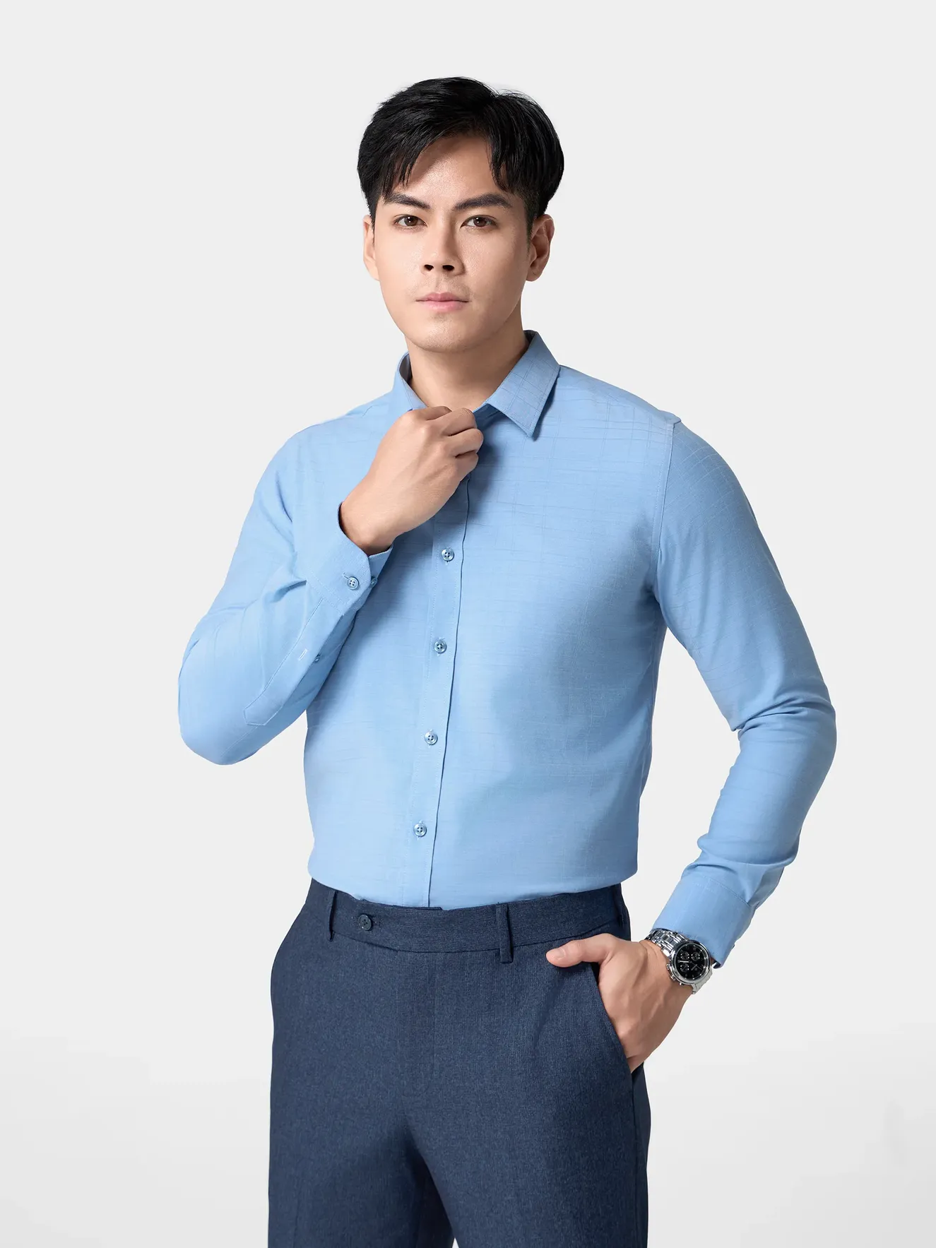 Áo Sơ Mi Nam Dài Tay Màu Xanh 5S Fashion Slimfit ASM24035