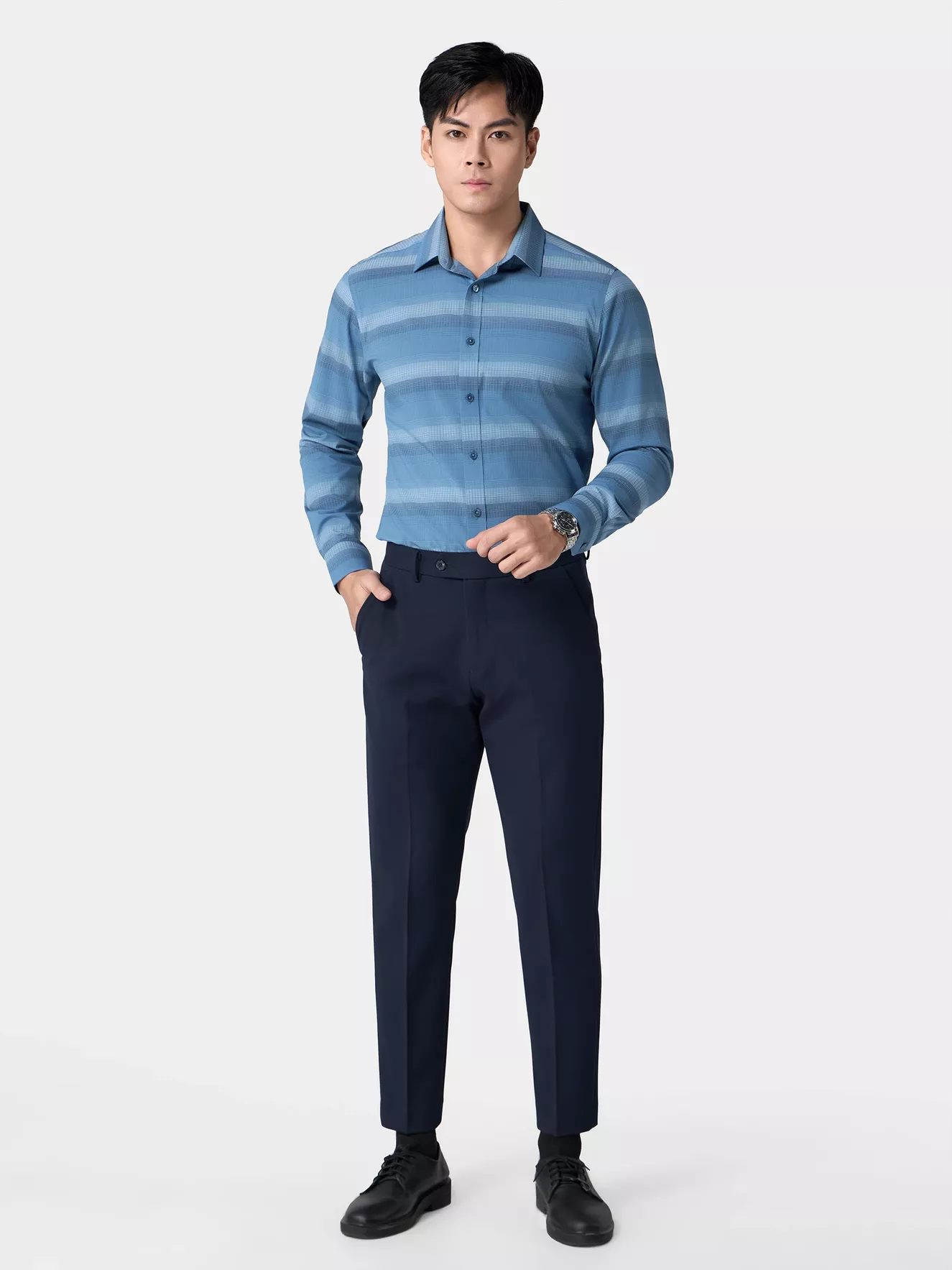 Áo Sơ Mi Nam Dài Tay Kẻ Ngang 5S Fashion Slimfit ASM24015