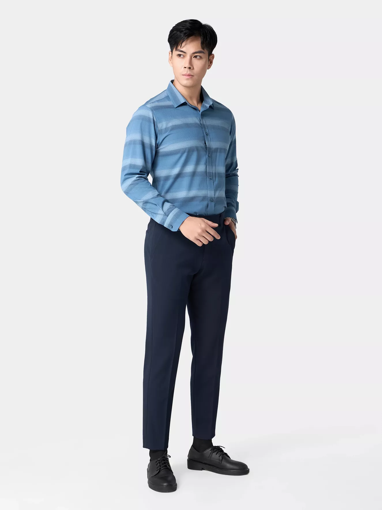 Áo Sơ Mi Nam Dài Tay Kẻ Ngang 5S Fashion Slimfit ASM24015