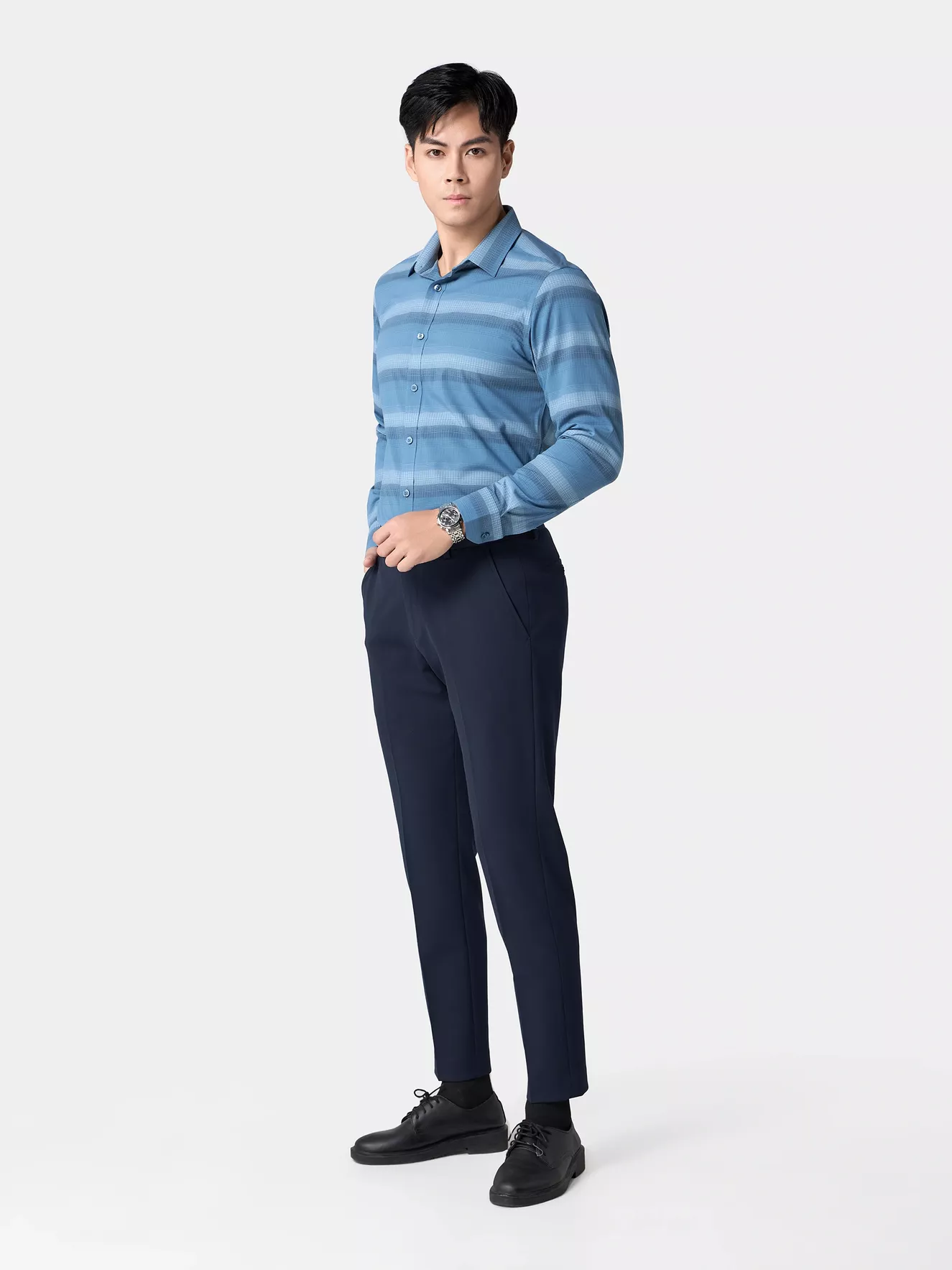 Áo Sơ Mi Nam Dài Tay Kẻ Ngang 5S Fashion Slimfit ASM24015