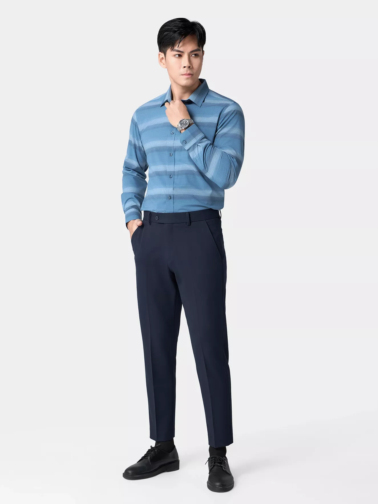 Áo Sơ Mi Nam Dài Tay Kẻ Ngang 5S Fashion Slimfit ASM24015