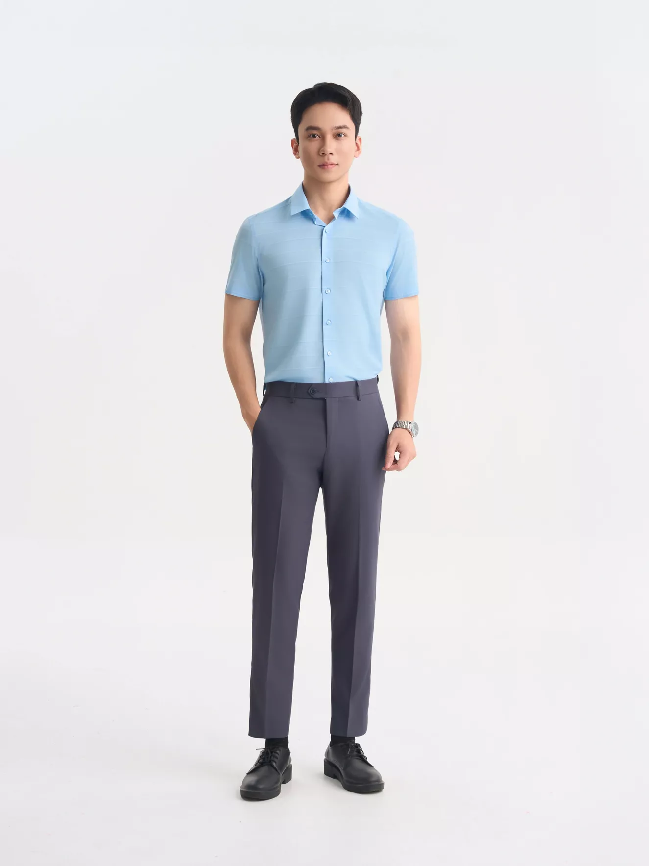 Áo Sơ Mi Nam Ngắn Tay 5S Fashion Dệt Kẻ Ngang Slimfit ASC25061