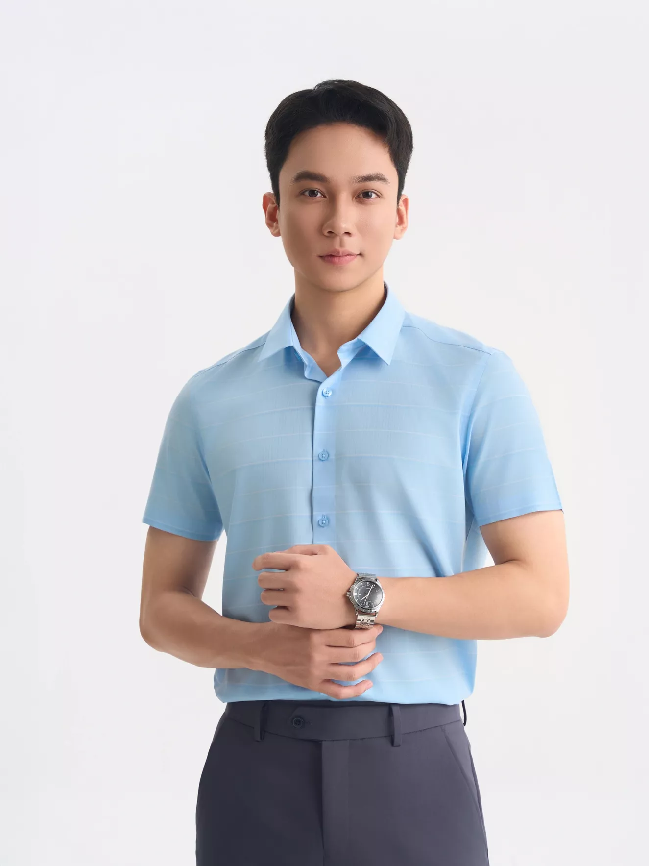 Áo Sơ Mi Nam Ngắn Tay 5S Fashion Dệt Kẻ Ngang Slimfit ASC25061