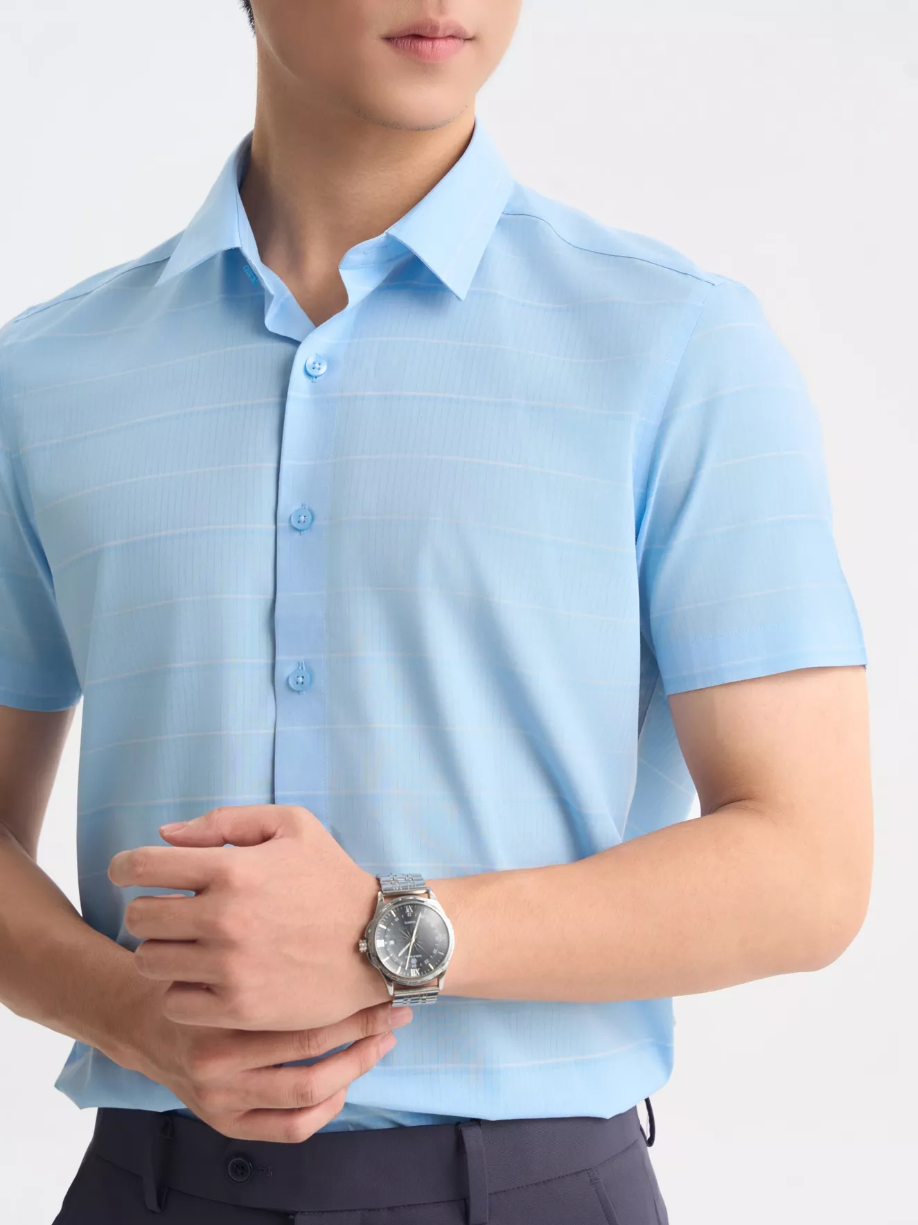 Áo Sơ Mi Nam Ngắn Tay 5S Fashion Dệt Kẻ Ngang Slimfit ASC25061