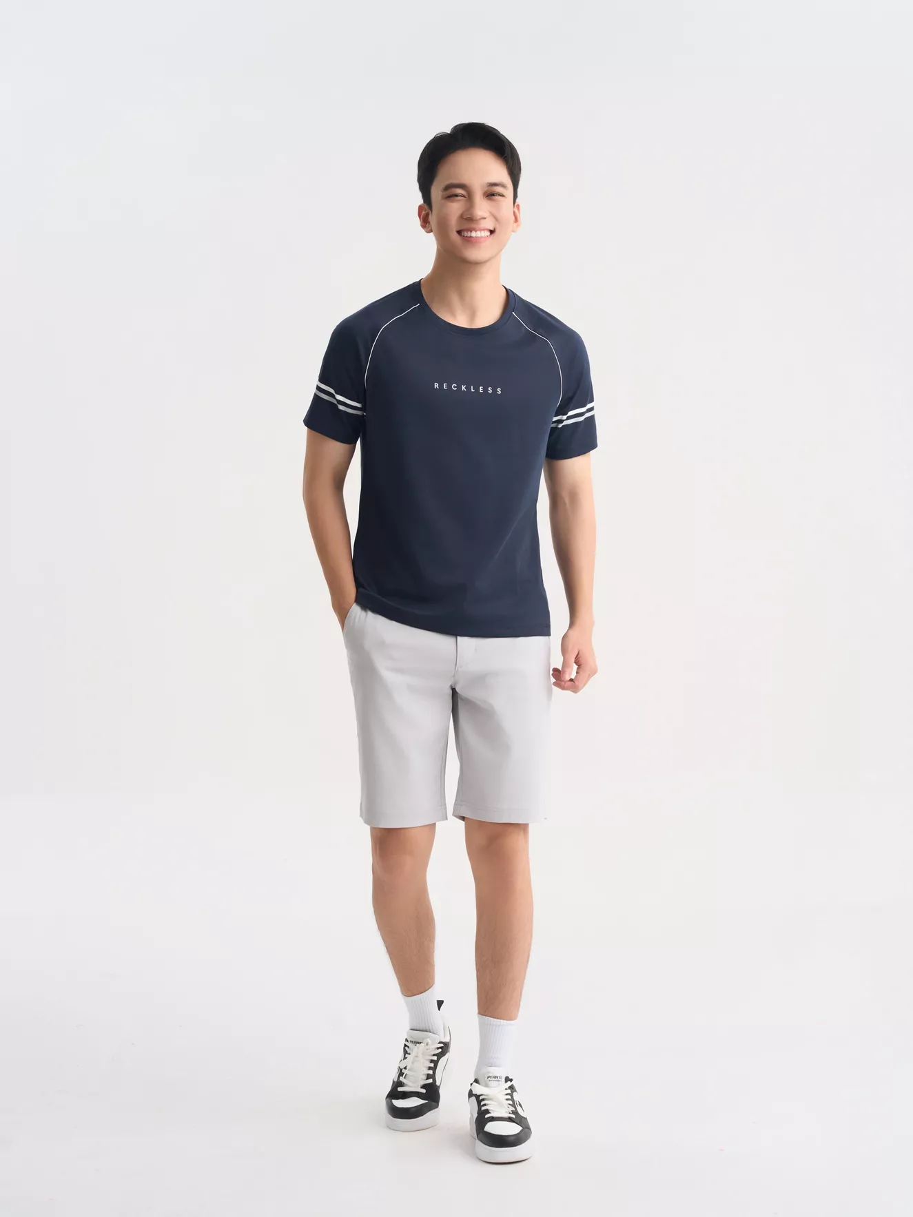 Áo Thun Nam Ngắn Tay 5S Fashion Tay Raglan Phối Kẻ ATS25009