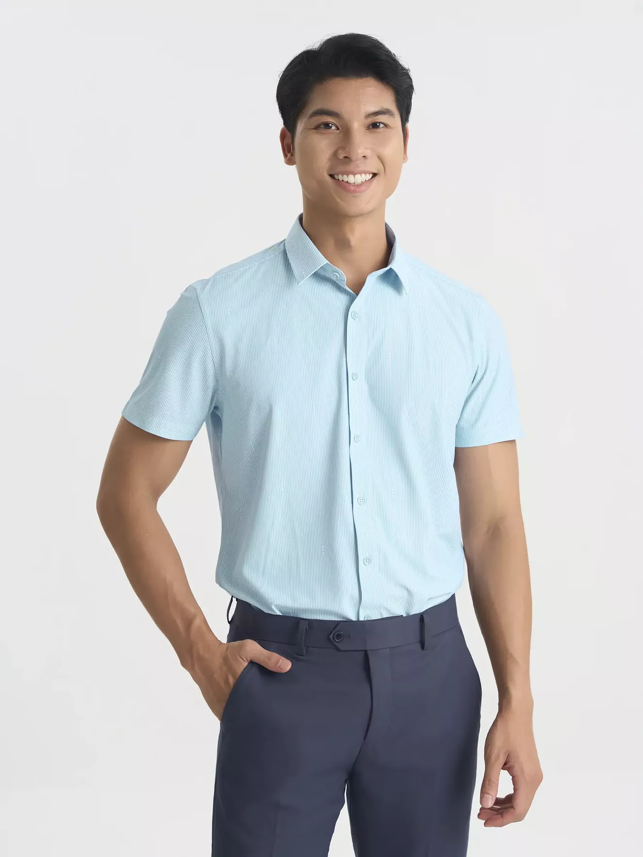 Áo Sơ Mi Nam Ngắn Tay 5S Fashion Kẻ Sọc Slimfit ASC25003