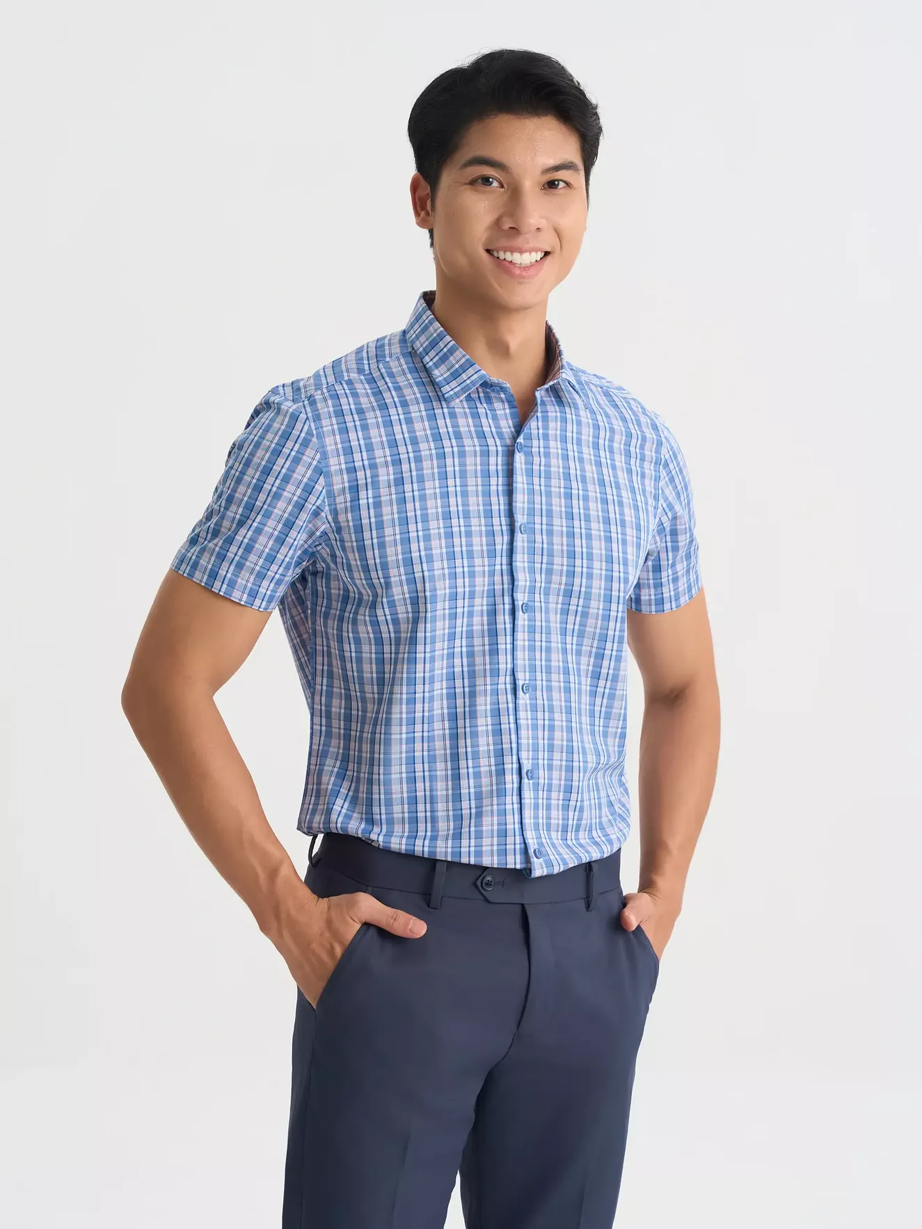 Áo Sơ Mi Nam Ngắn Tay 5S Fashion Kẻ Ô Phối Màu Phom Smarfit ASC25013