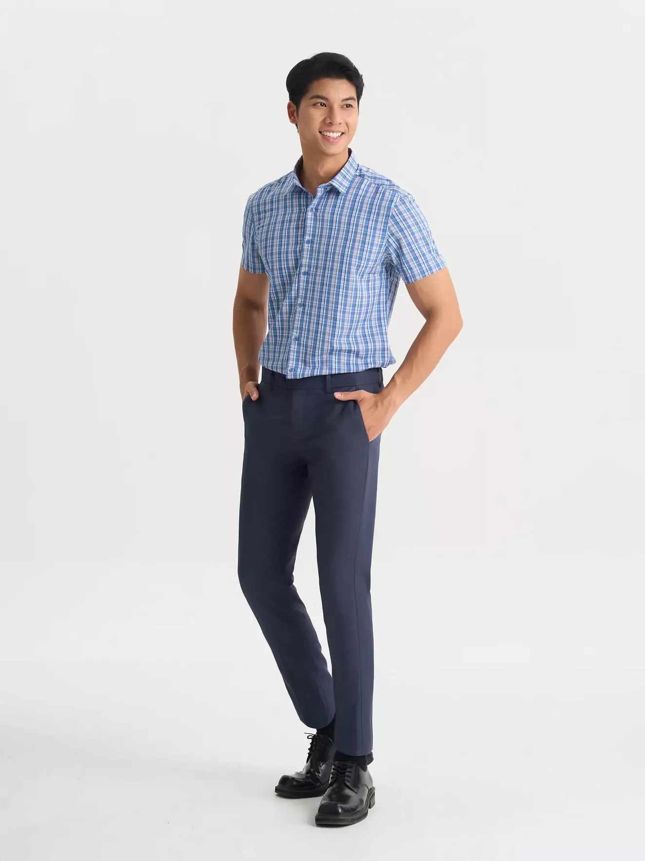 Áo Sơ Mi Nam Ngắn Tay 5S Fashion Kẻ Ô Phối Màu Phom Smarfit ASC25013