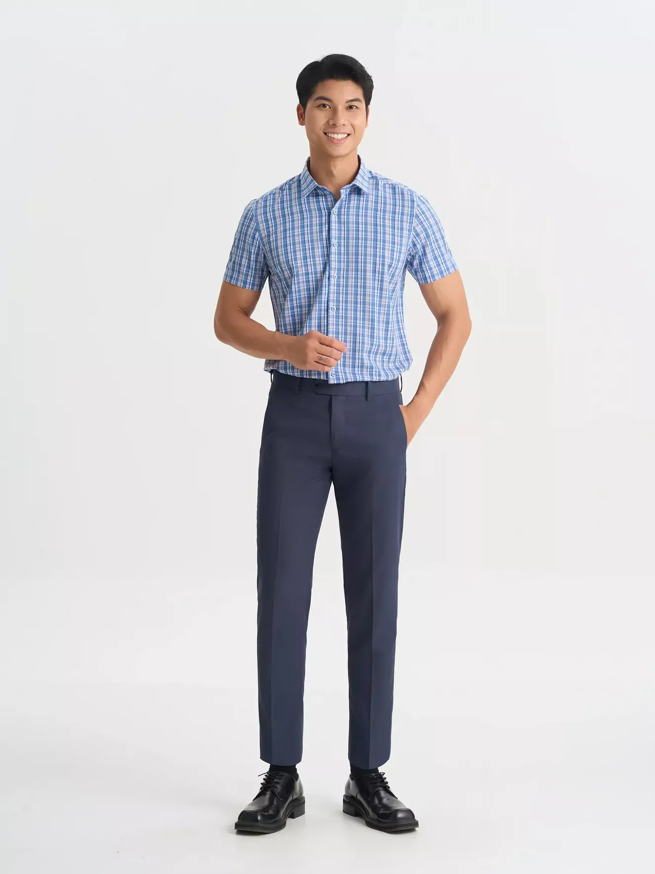 Áo Sơ Mi Nam Ngắn Tay 5S Fashion Kẻ Ô Phối Màu Phom Smarfit ASC25013