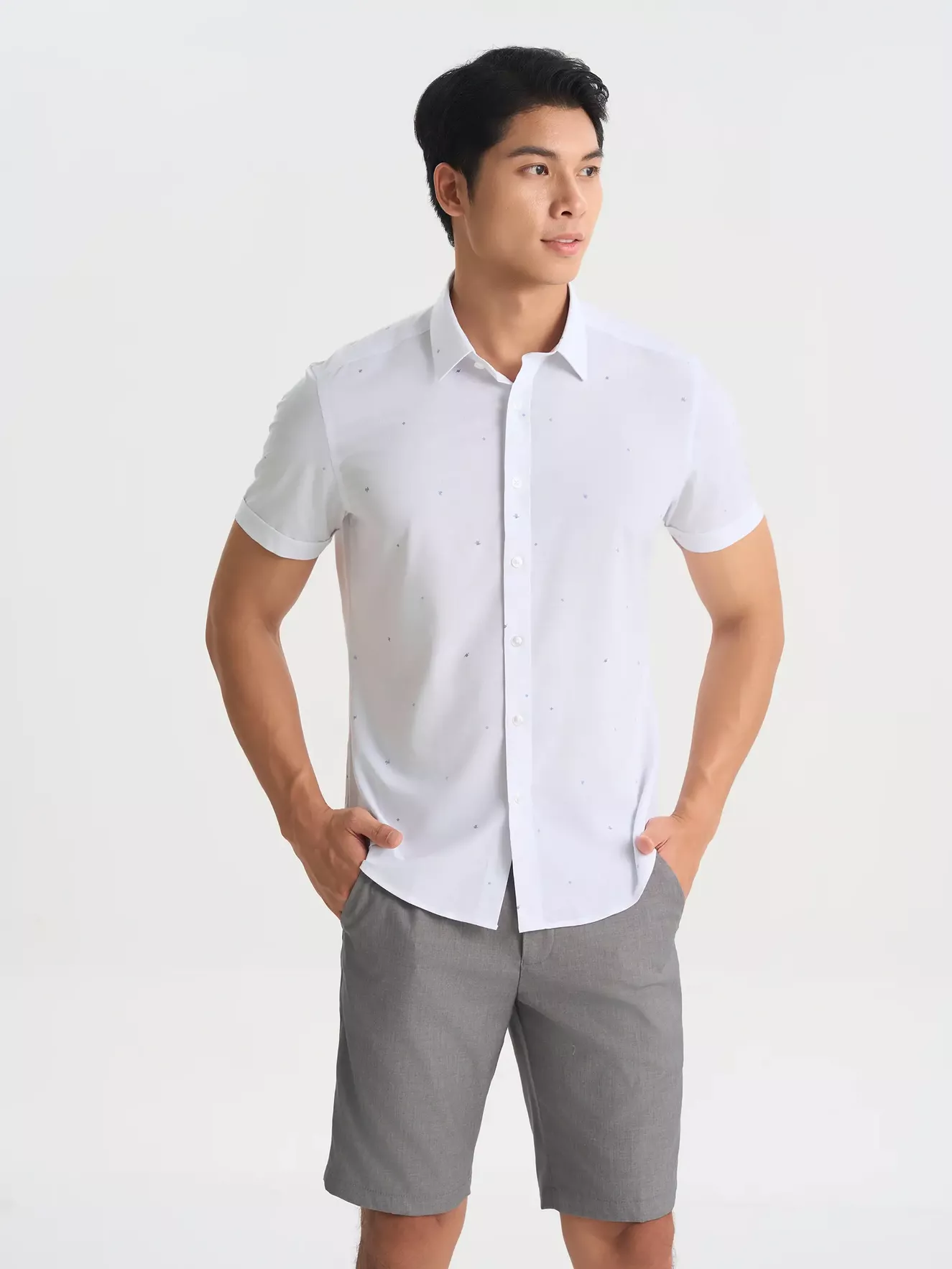 Áo Sơ Mi Nam Ngắn Tay 5S Fashion Họa Tiết Màu Trắng Slimfit ASC25034