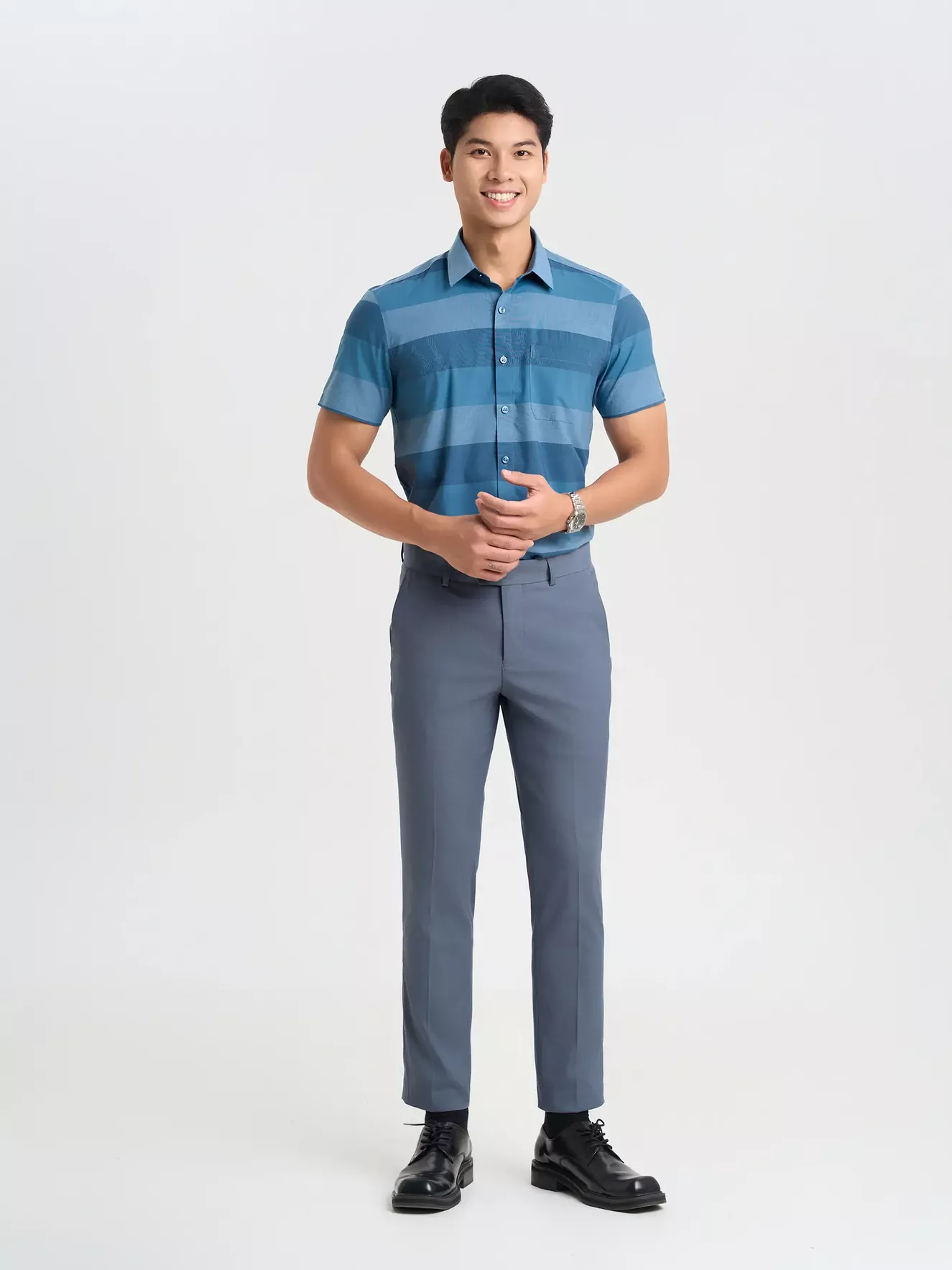 Áo Sơ Mi Nam Ngắn Tay 5S Fashion Kẻ Ngang Smart Fit ASC25021