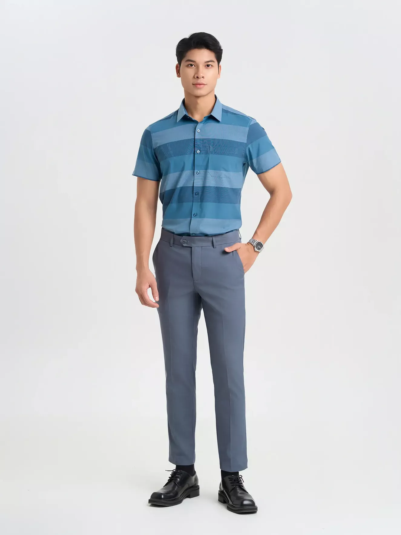 Áo Sơ Mi Nam Ngắn Tay 5S Fashion Kẻ Ngang Smart Fit ASC25021